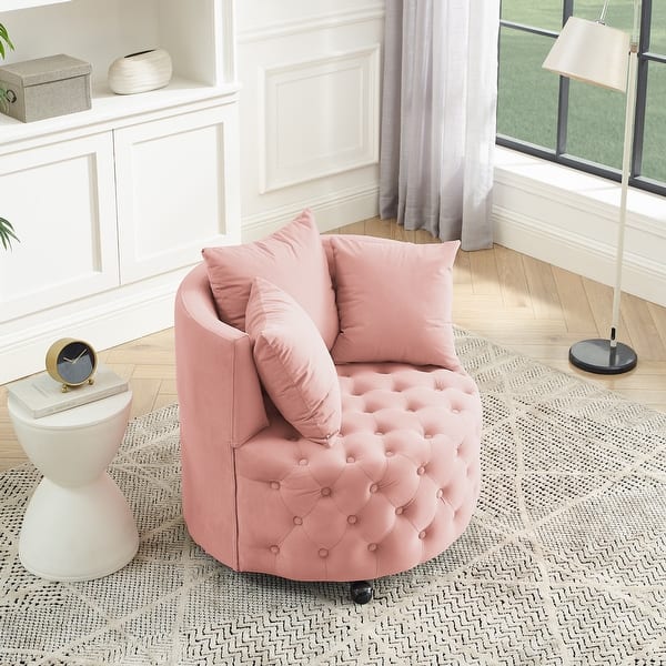 Velvet Upholstered Swivel Chair for Living Room, Button Tufted Barrel Chair Corner Chair with Movable Wheels & 3 Pillows - Bed Bath & Beyond - 39474295