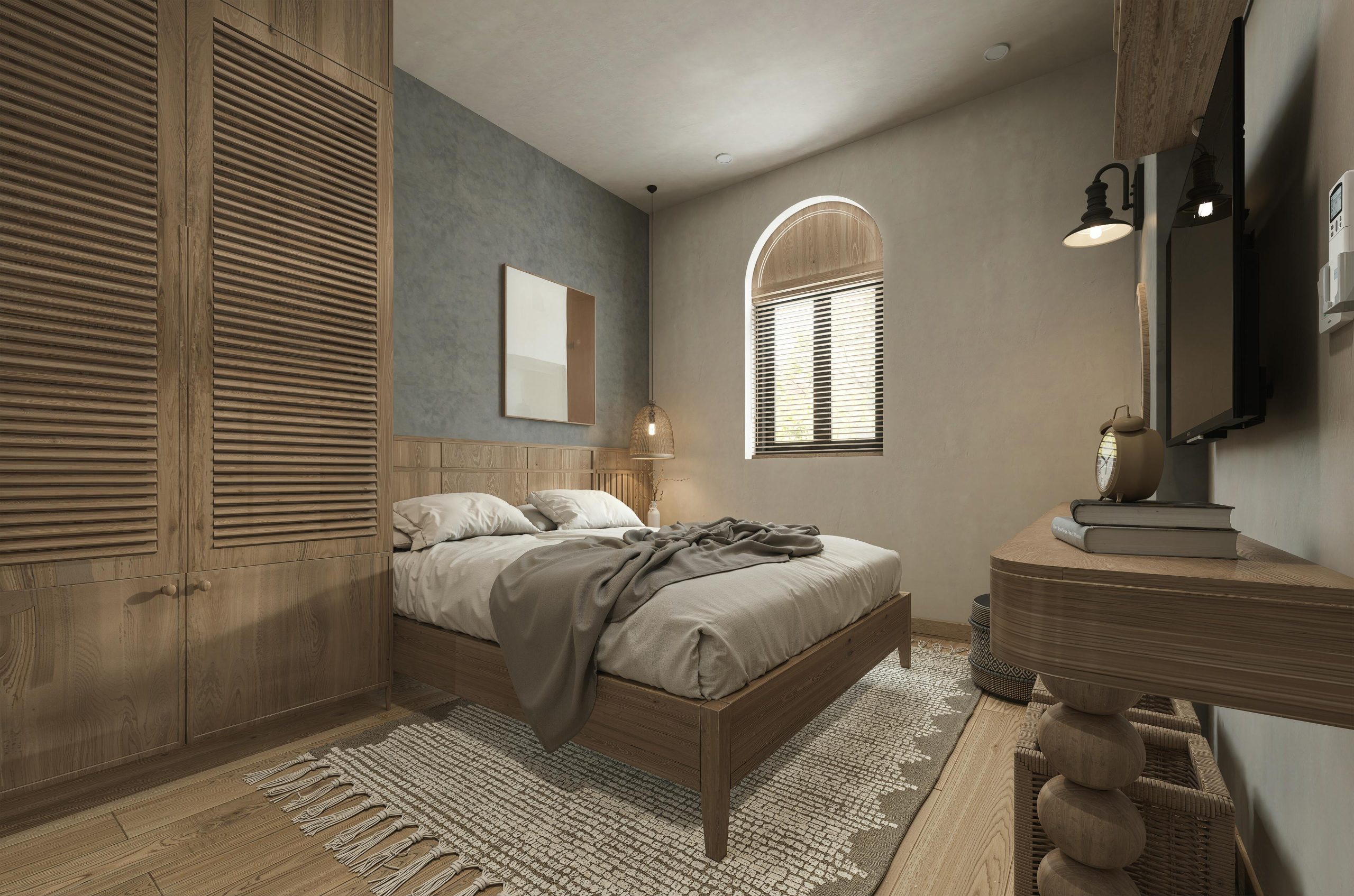 Warm and inviting modern bedroom with wooden furniture and neutral decor elements.