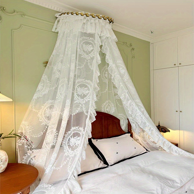 White Lace Bed Canopy * and Romantic Bedroom Decor with Metallic Leaf * Stand, Exquisite Bridal Chamber Decoration for Brides