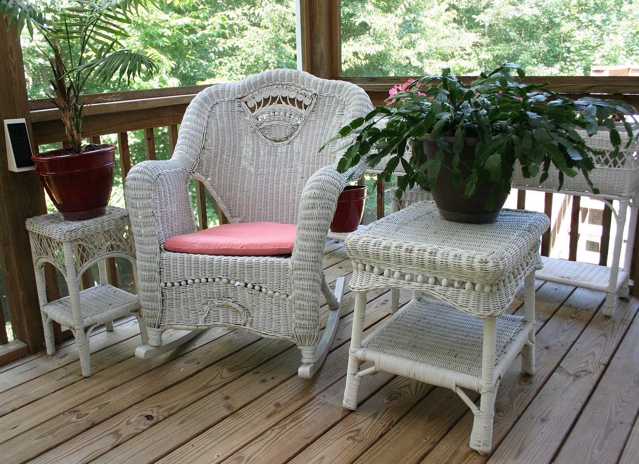 wicker rocking chair, porch, white table, wicker, home, wood, furniture, seat, relax, sit, outdoors, antique, rocker, patio, empty, traditional, country, comfortable, structure, decoration, rocking ch