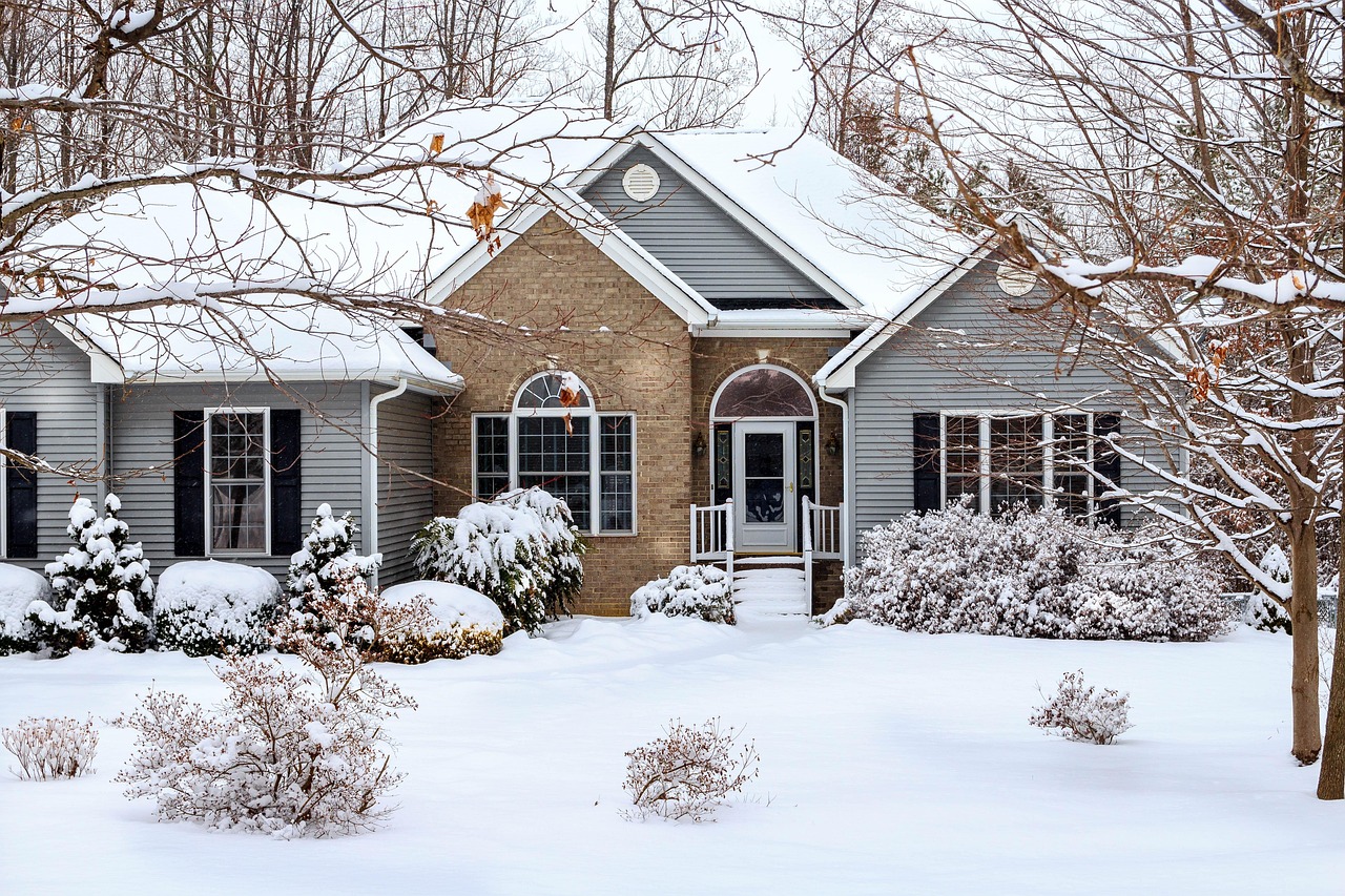 winter, snow scene, house, home, brick, vinyl siding, shutters, windows, shrubs, shubury, landscaping, snow covered, architecture, gables, entrance, front yard, gray home, gray house, gray landscape, 