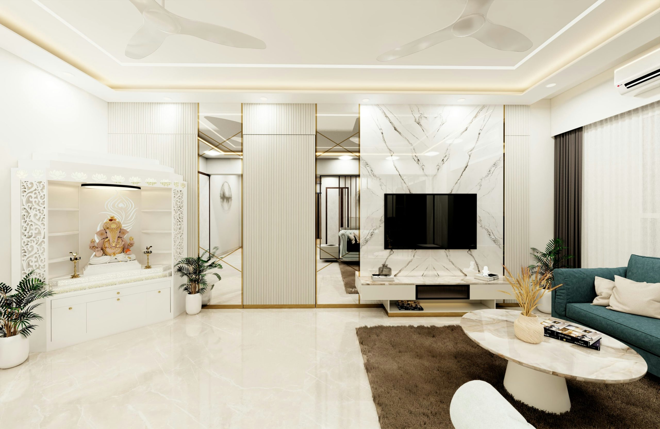 A bright, airy living and pooja room with off-white and cream tones, featuring polished beige tile flooring. In the corner, a white, intricately carved pooja unit with shelving and a Ganesha statue cr