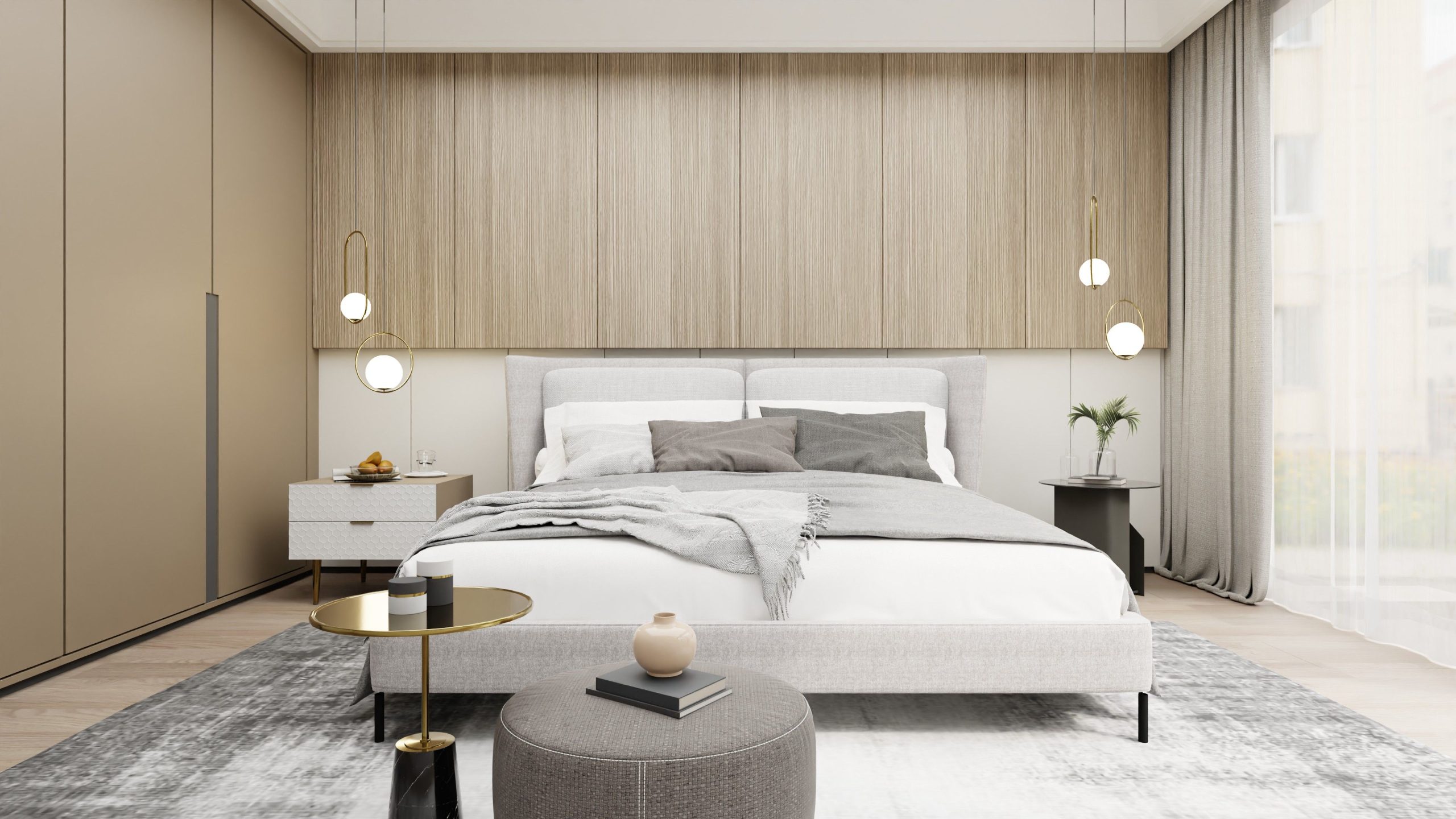A cozy, contemporary bedroom featuring minimalist decor and wooden accents.