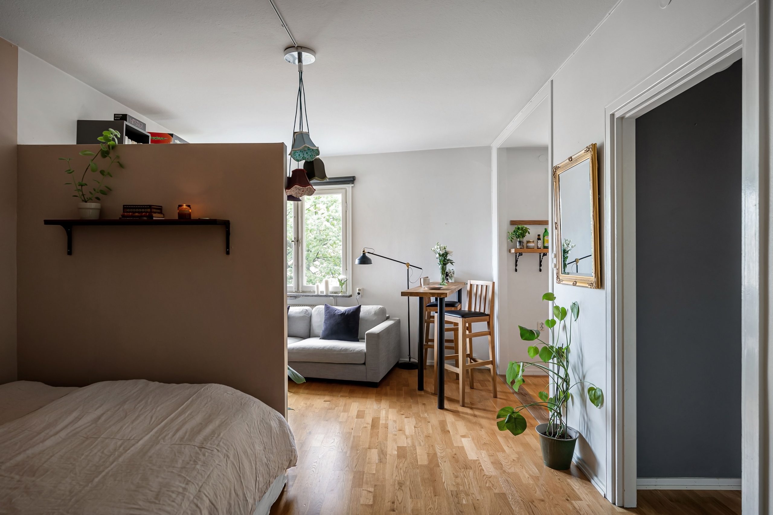 A cozy modern interior featuring a comfortable seating area, plants, and stylish accessories.