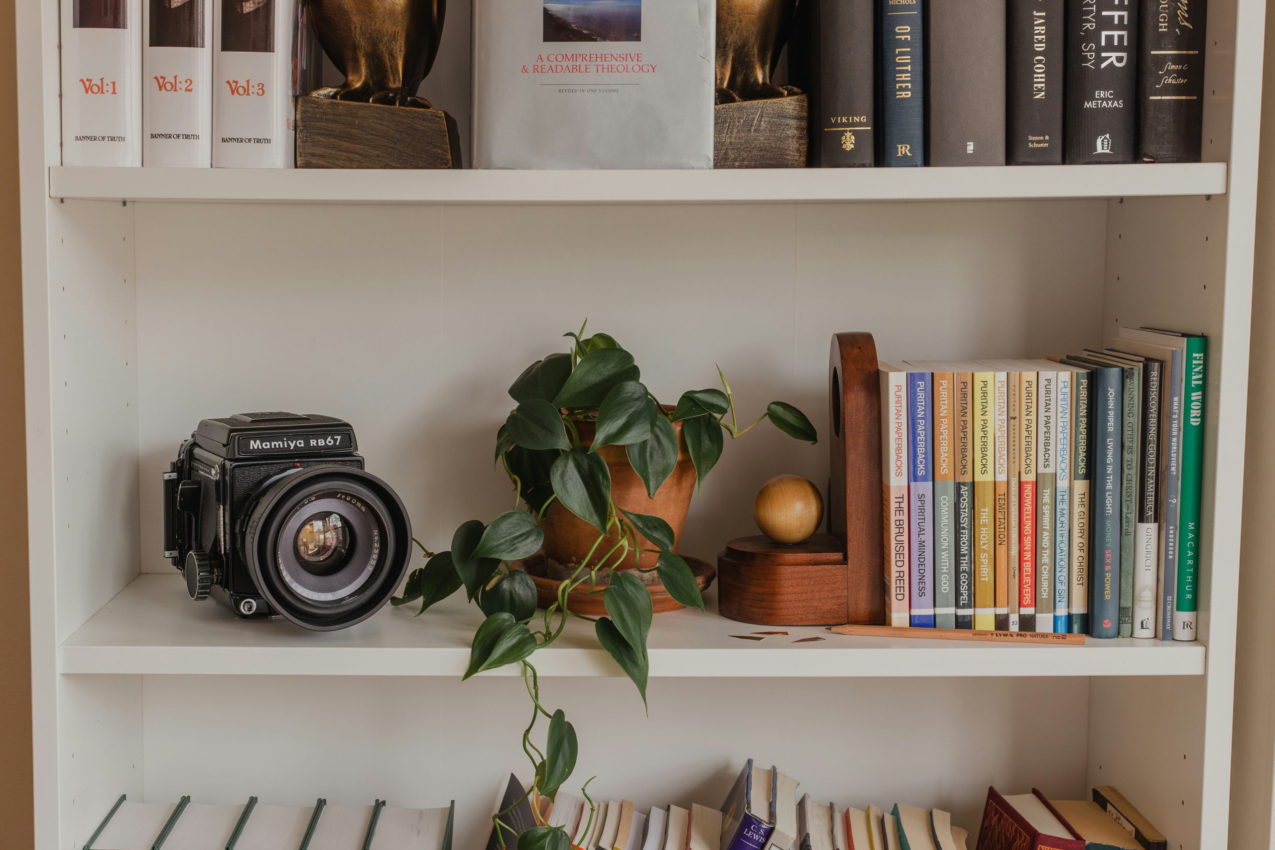 A library bookshelf fit with a film camera, a plant, and many good quality books.