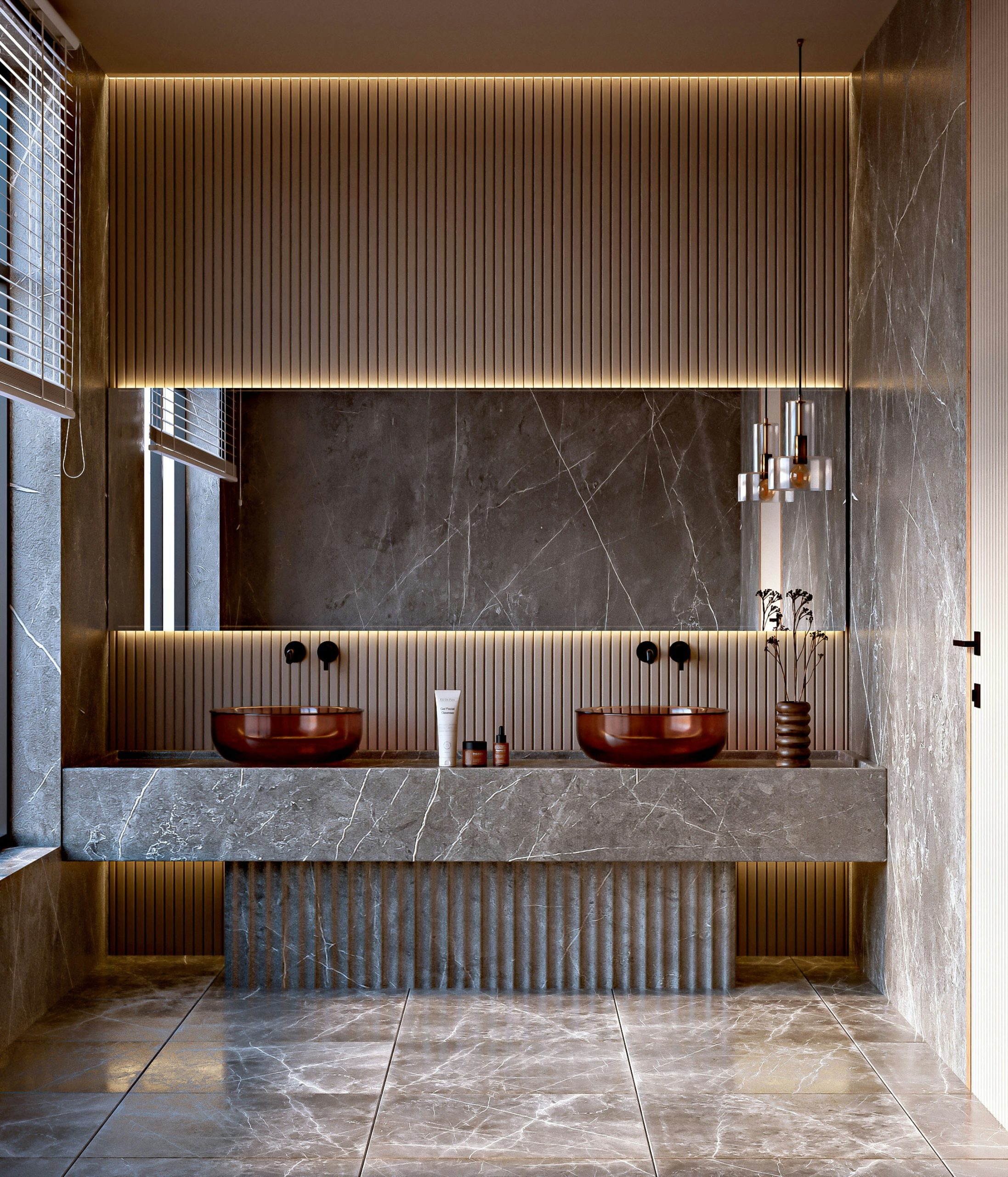 A modern luxury bathroom interior with a sleek marble finish, warm ambient lighting, and dual glass vessel sinks on a stone vanity. Vertical wood paneling and minimalist fixtures enhance the elegant,