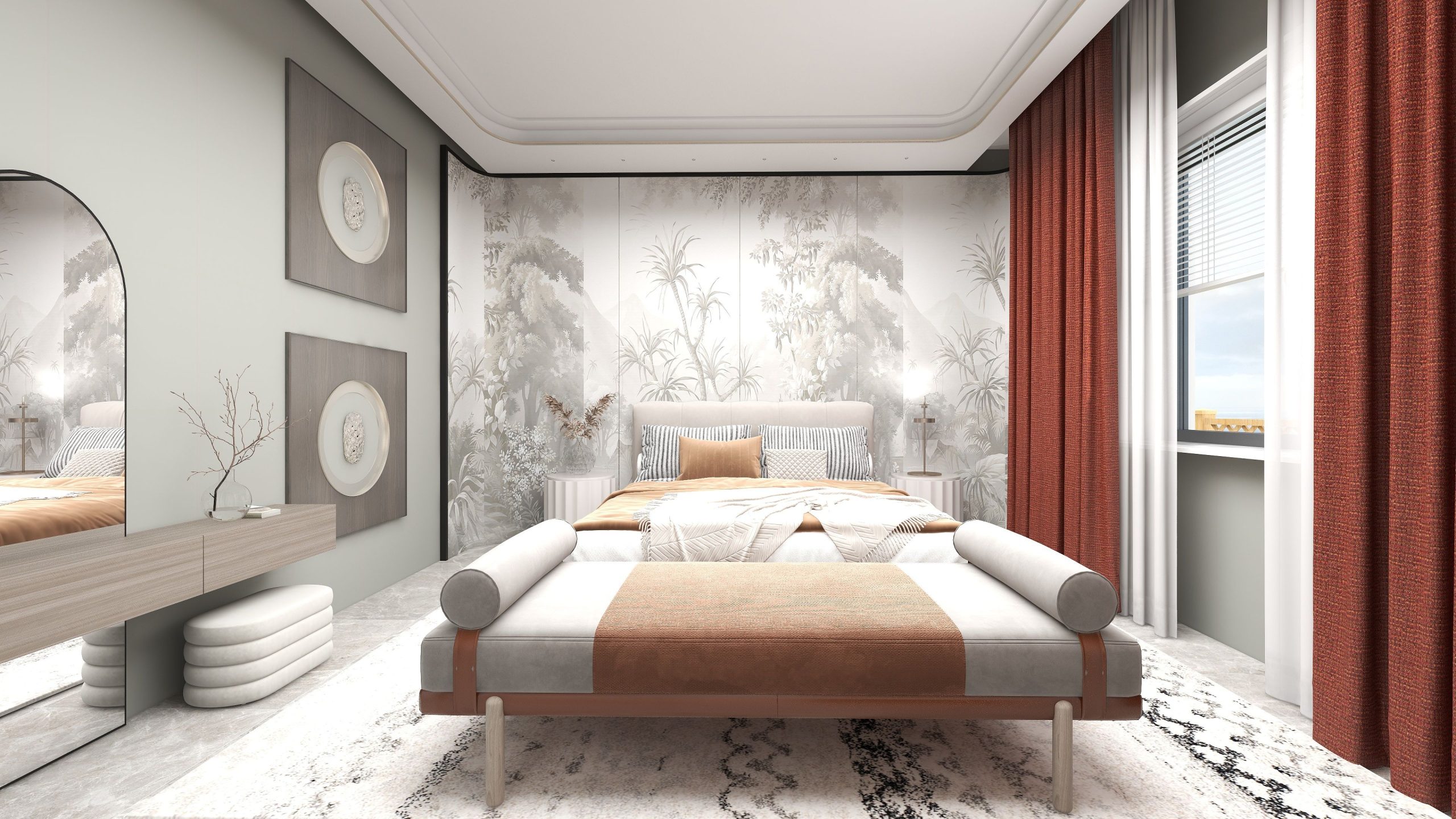 Contemporary bedroom interior with chic design elements and warm tones.