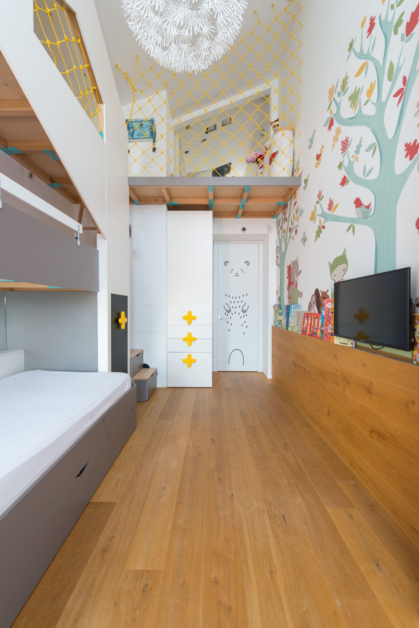 Contemporary children room interior design with comfy bunk bed creative chandelier and colorful walls