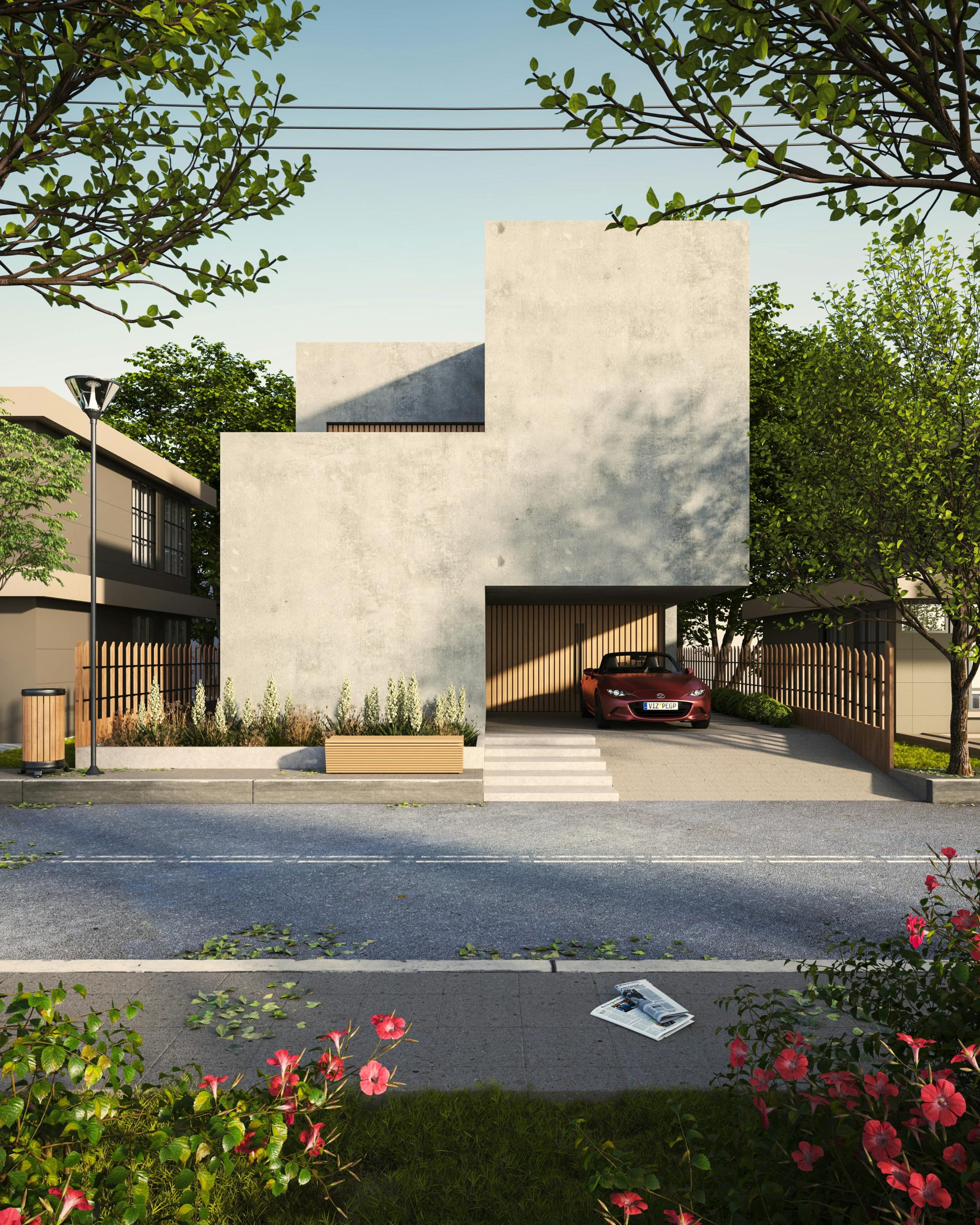 Contemporary house exterior with car parked in open garage, surrounded by lush greenery.