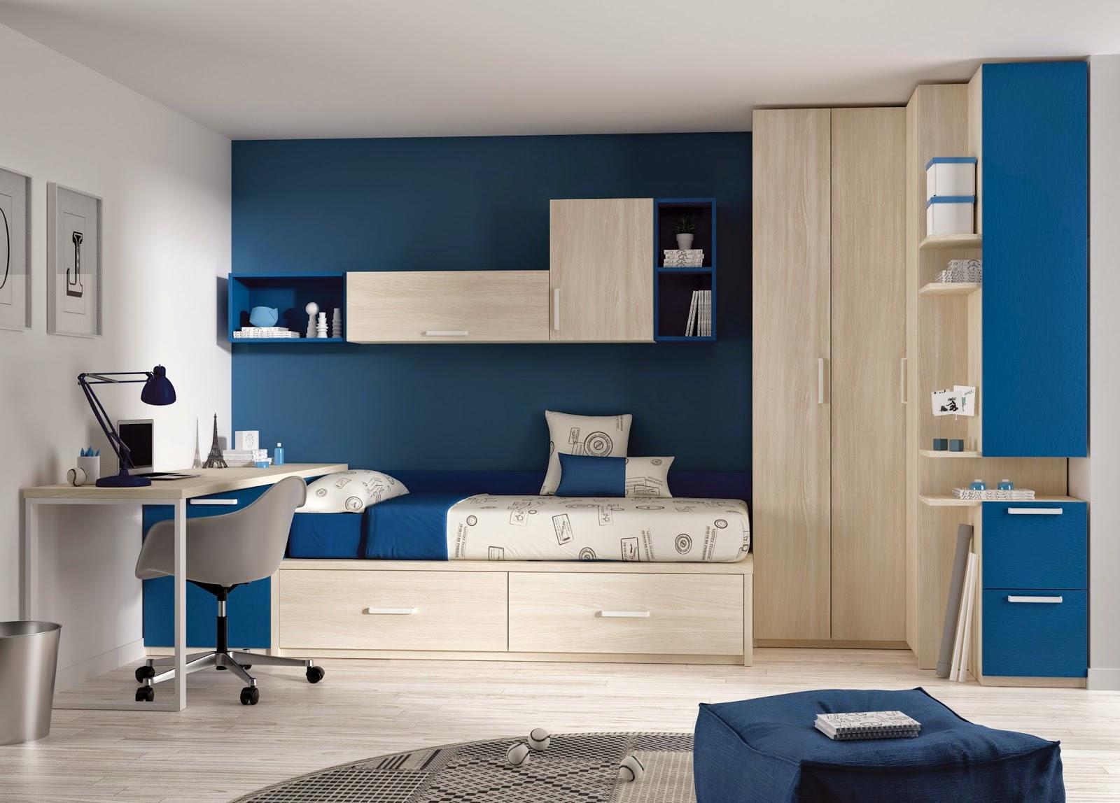 Cool-kids-room-interior-design-with-dark-blue-paint-wall-decor -and-natural-wooden-wardrobe-corner-and-simple-study-table-and-round-rug-on-laminate-floor - Woody Uncle Sam