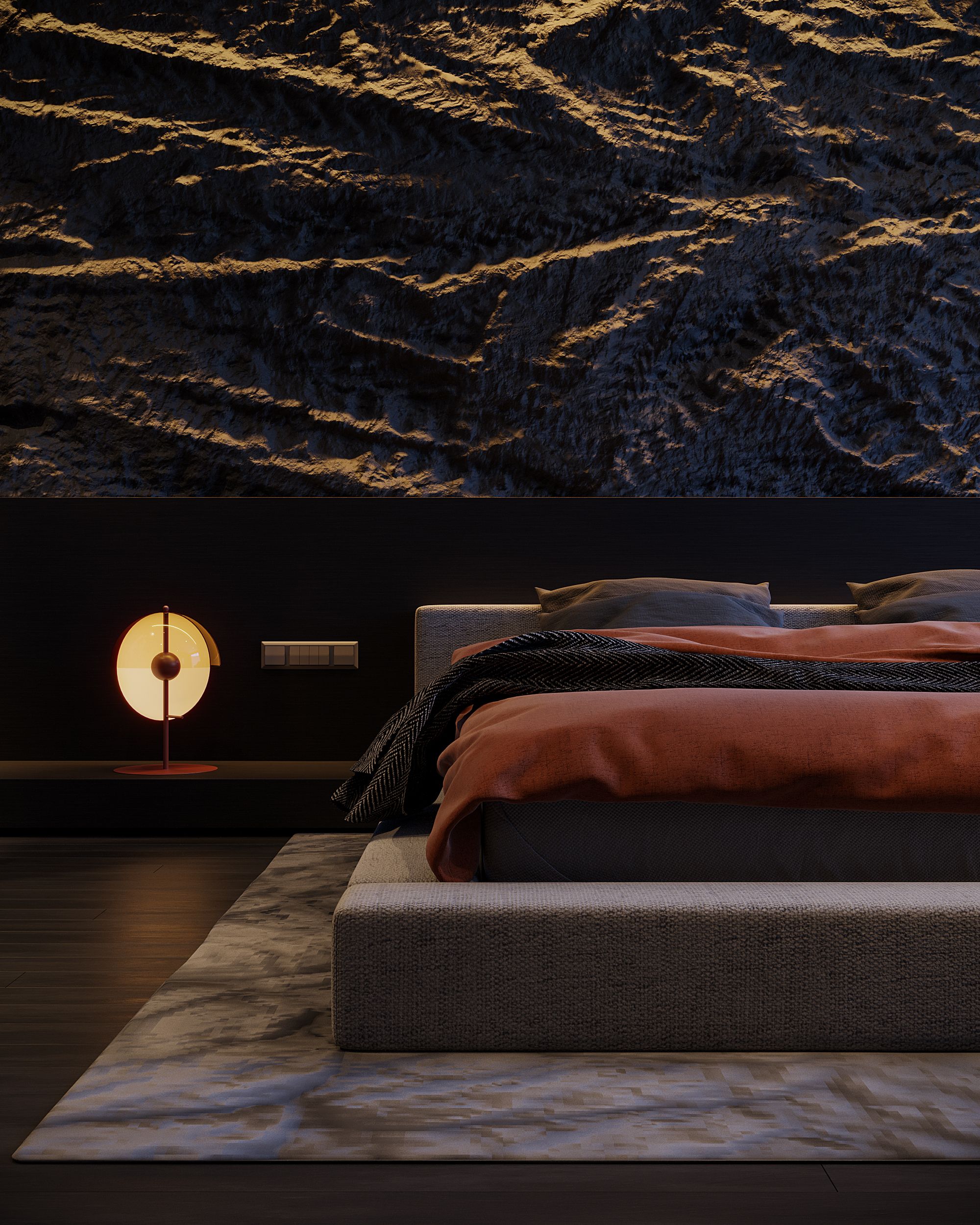 Cozy and stylish modern bedroom with textured wall and ambient lighting.