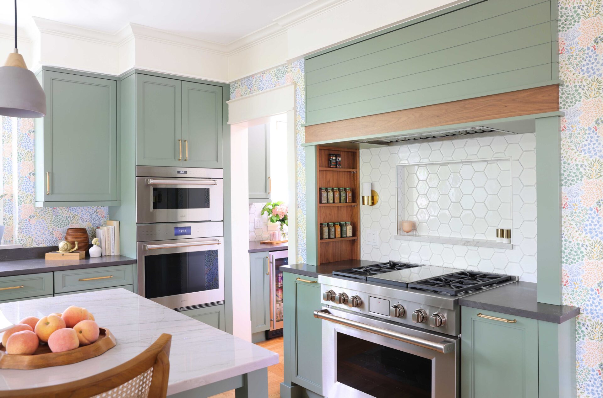 Cozy Green Kitchen with Walnut Accents and Modern Details - Normandy Remodeling