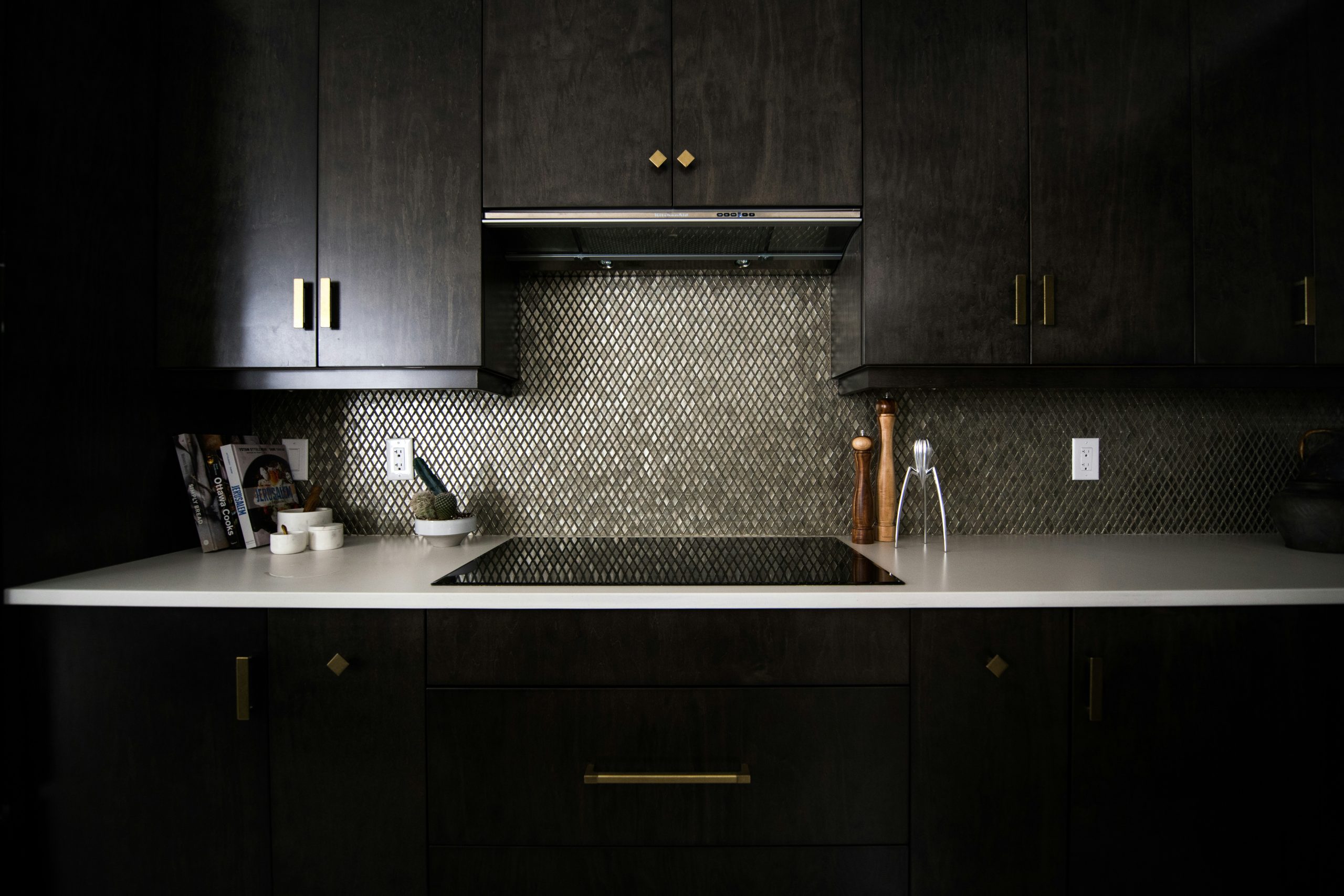 Dark, empty kitchen stove with ceramic stovetop and black wooden cabinets. 