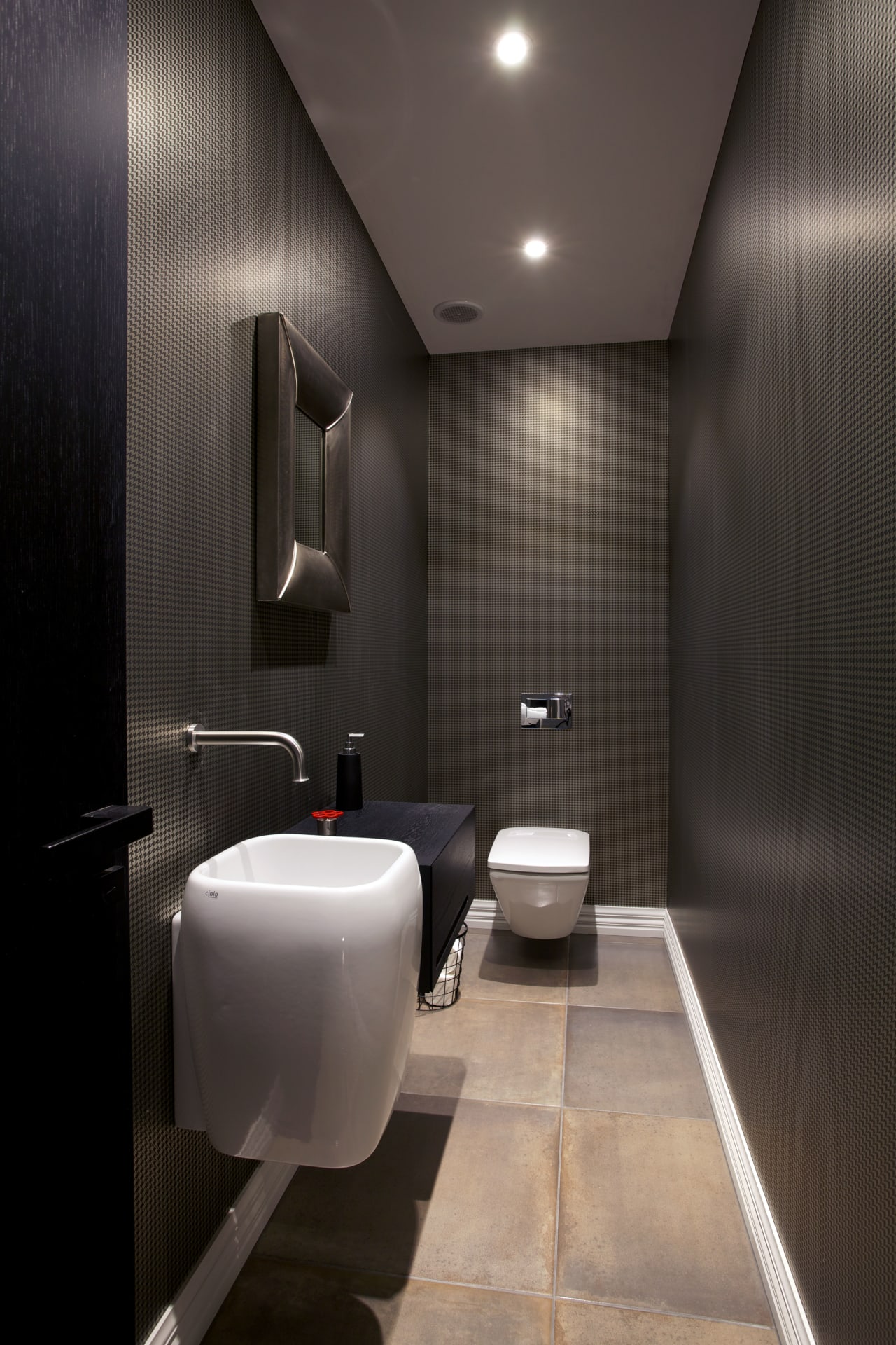 Dark internal powder room with houndstooth… | Trends