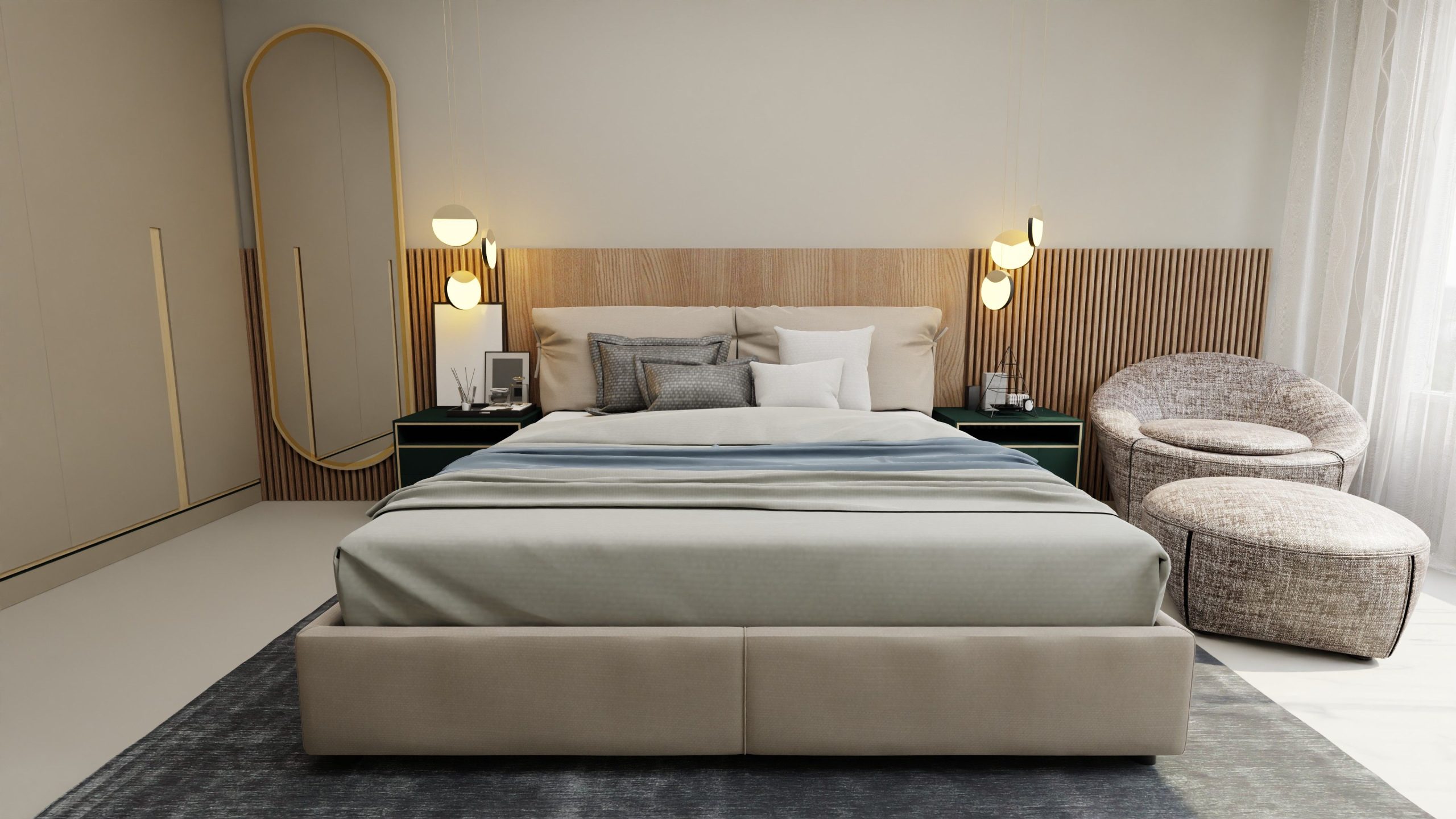 Elegant beige bedroom with stylish furnishings and decor.