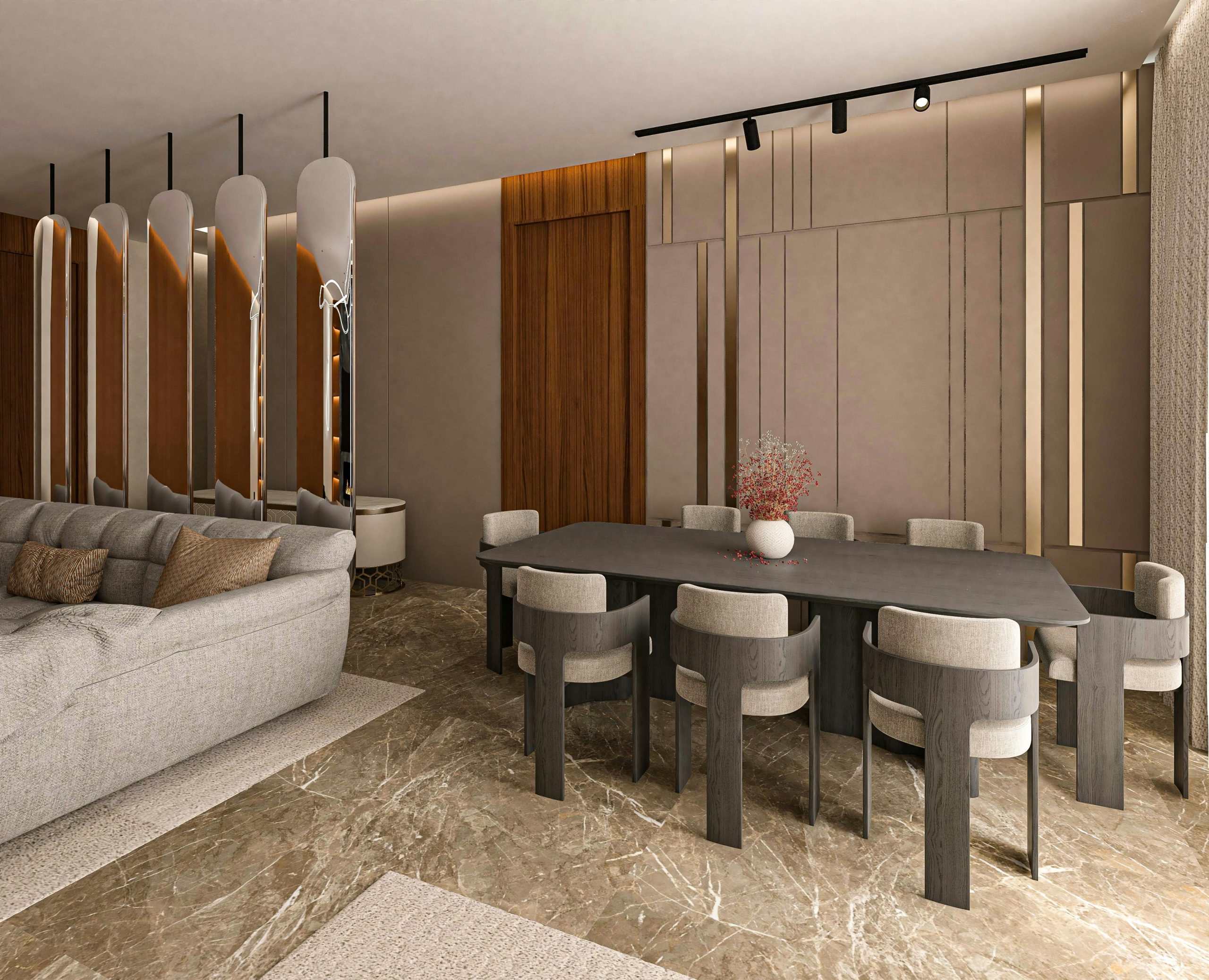 Elegant contemporary interior showcasing a luxurious dining area and cozy seating arrangement.