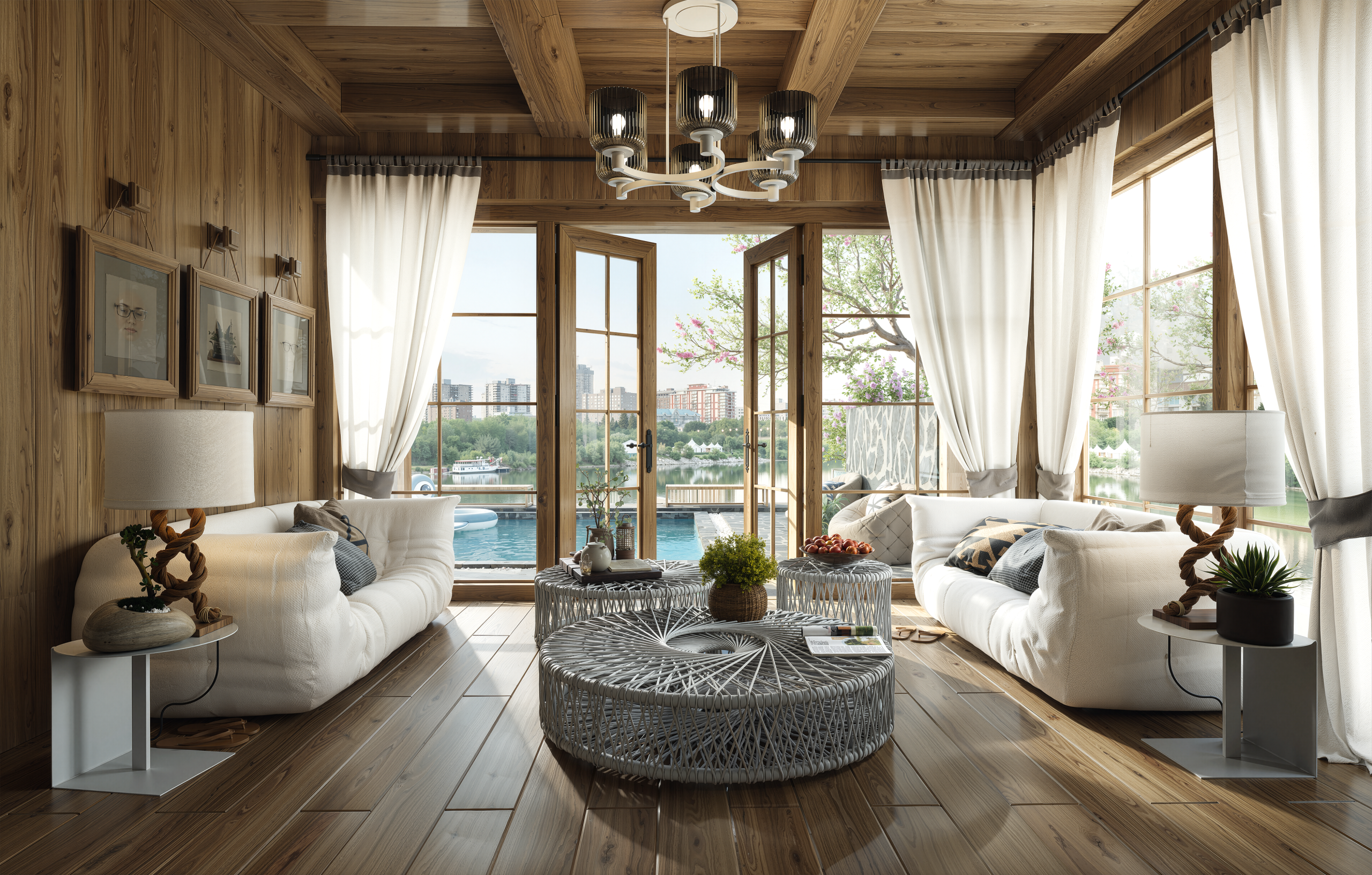 Elegant living room with stunning waterfront view featuring modern decor and natural light.