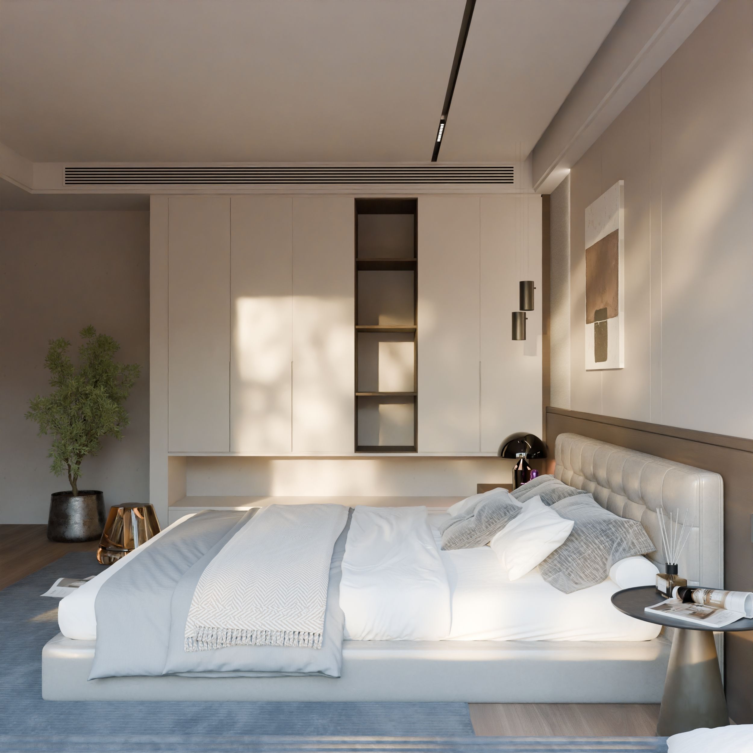 Elegant modern bedroom with natural light and minimalist decor.