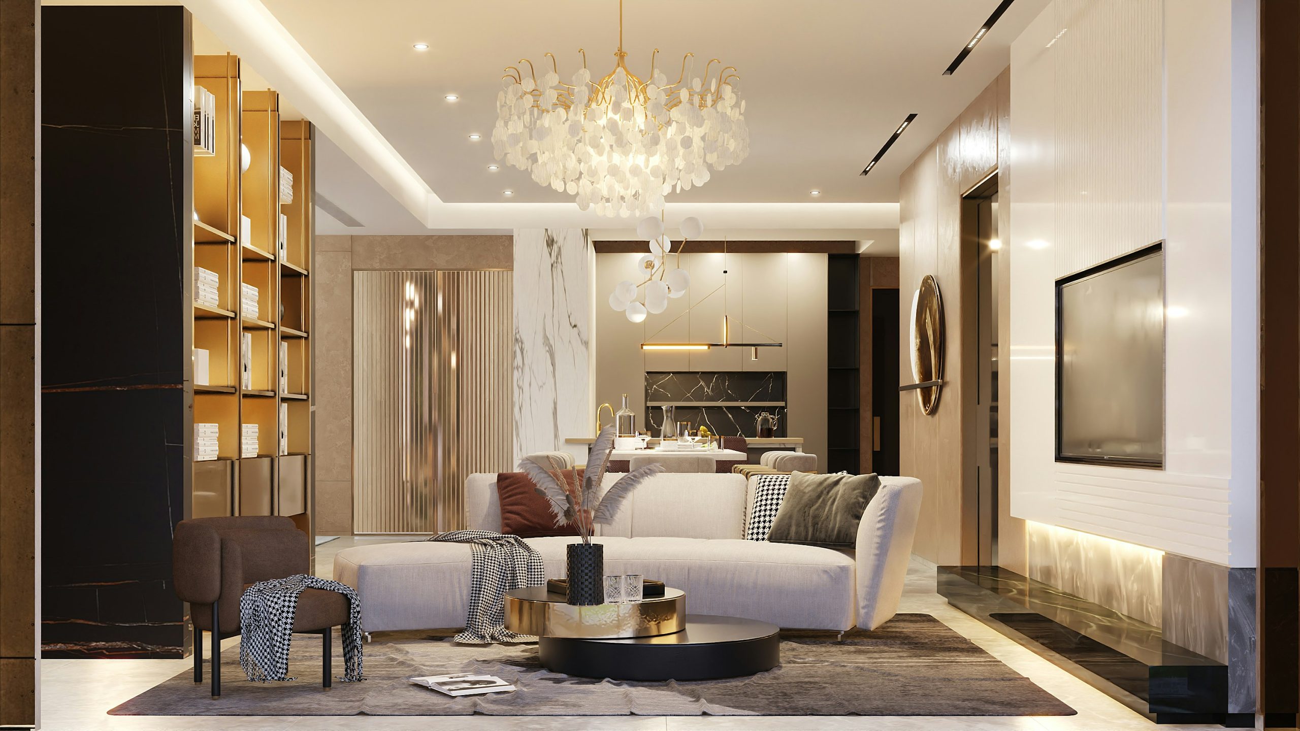Elegant Open-Plan Living and Dining Area with a Unique Chandelier, a Curved Sofa, an Integrated Fireplace, and a Full-Height Bookshelf