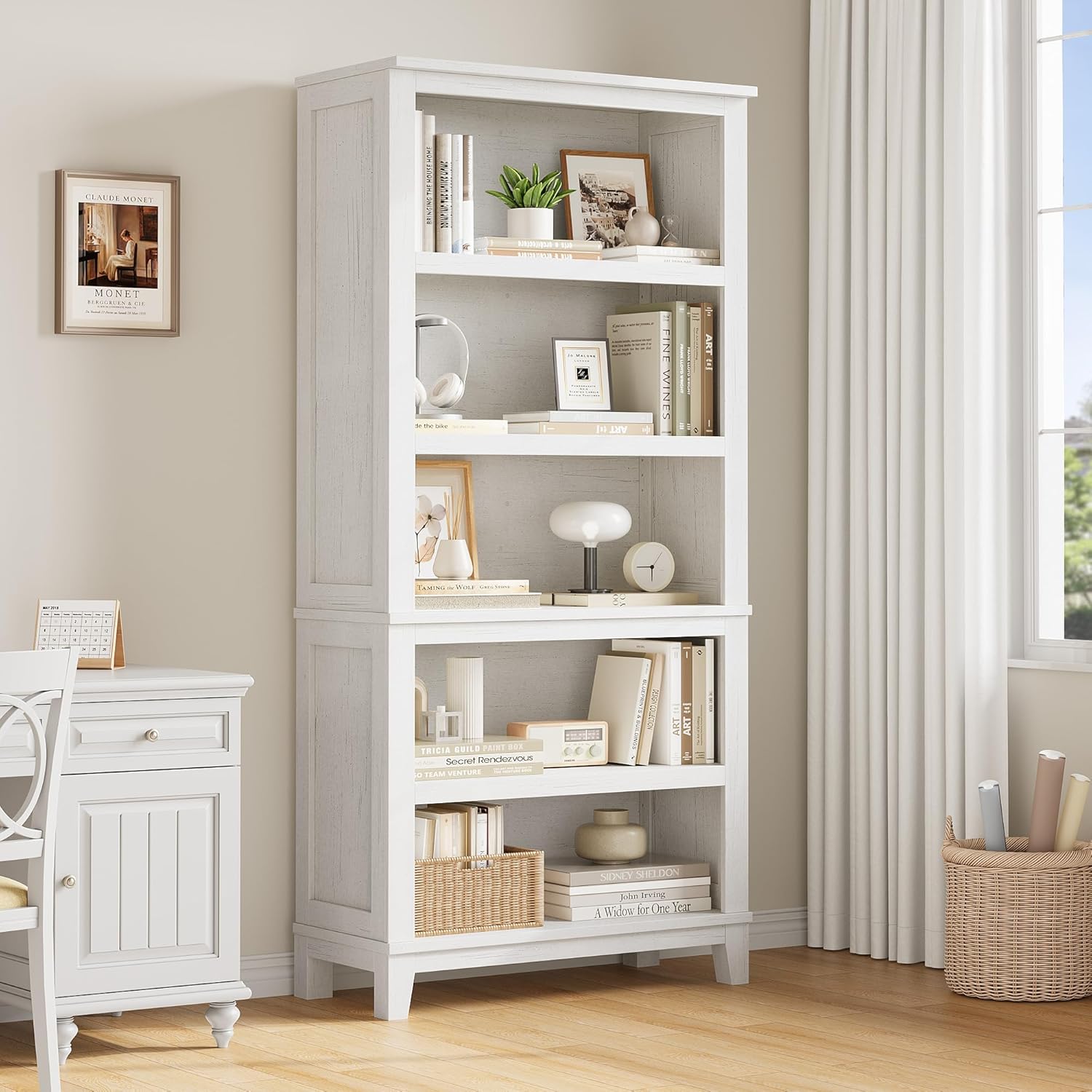 Garvee 71' Farmhouse Bookcase w/Adjustable Shelves & 31.5' Width, 5 Tier Tall Bookshelf with Wooden Legs, Rustic Vintage Book Shelf for Living Room