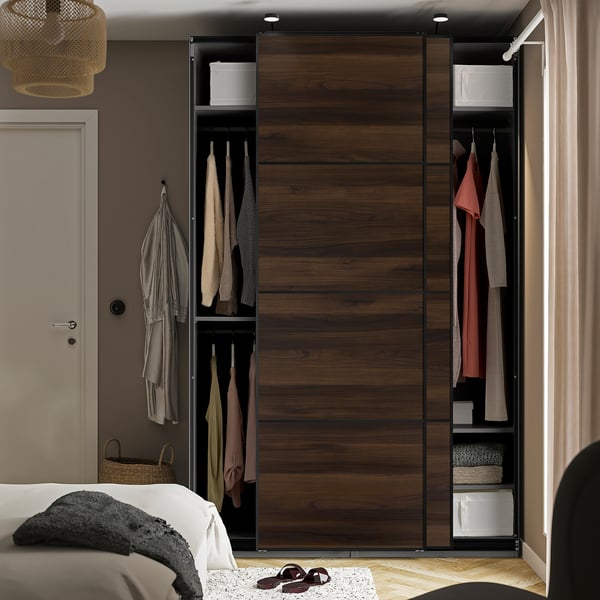 IKEA PAX / MEHAMN wardrobe with sliding doors, dark gray black/double sided dark brown oak effect, 59x26x92 7/8