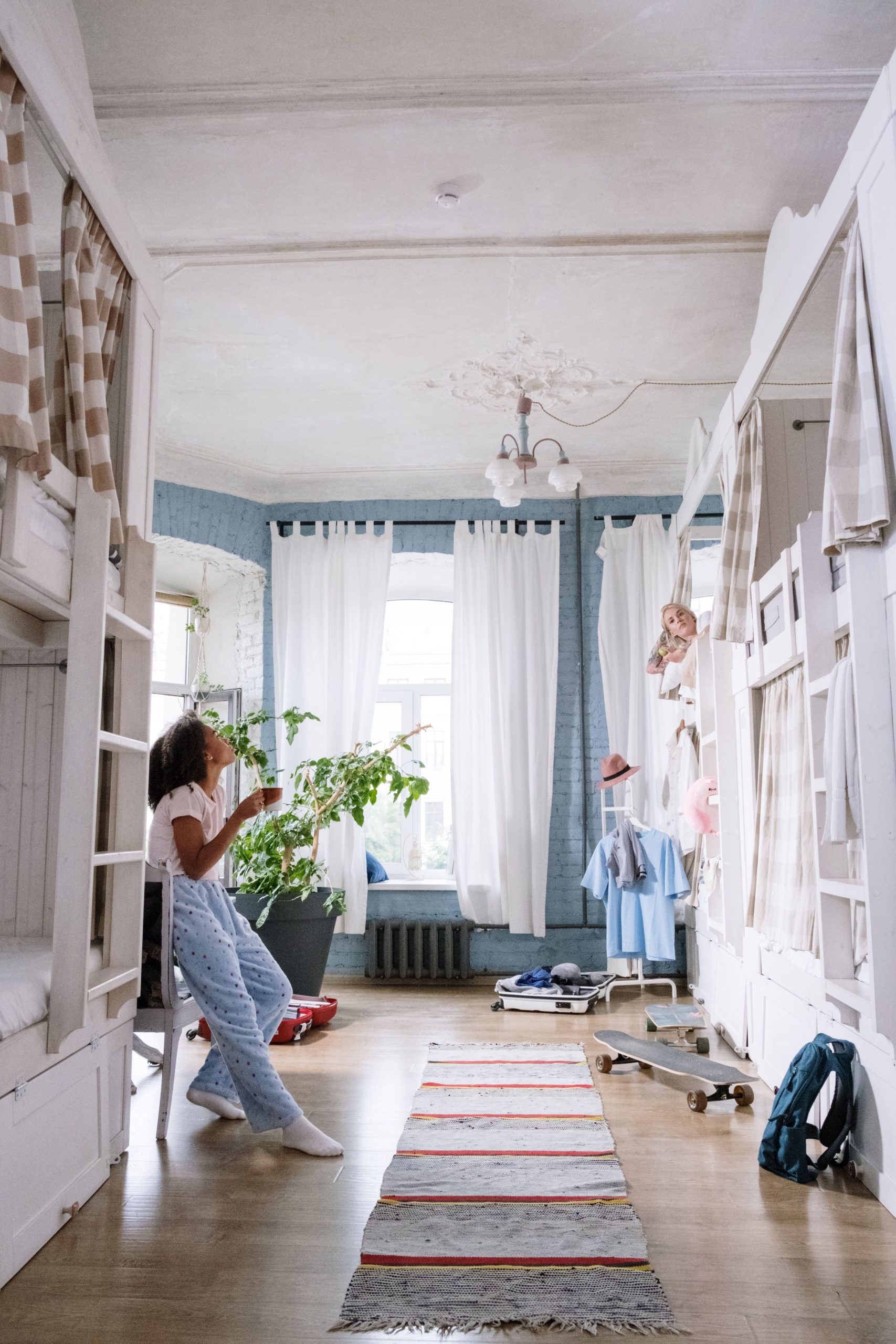 Light-filled dorm room with plants, bunk beds, and cozy decor.