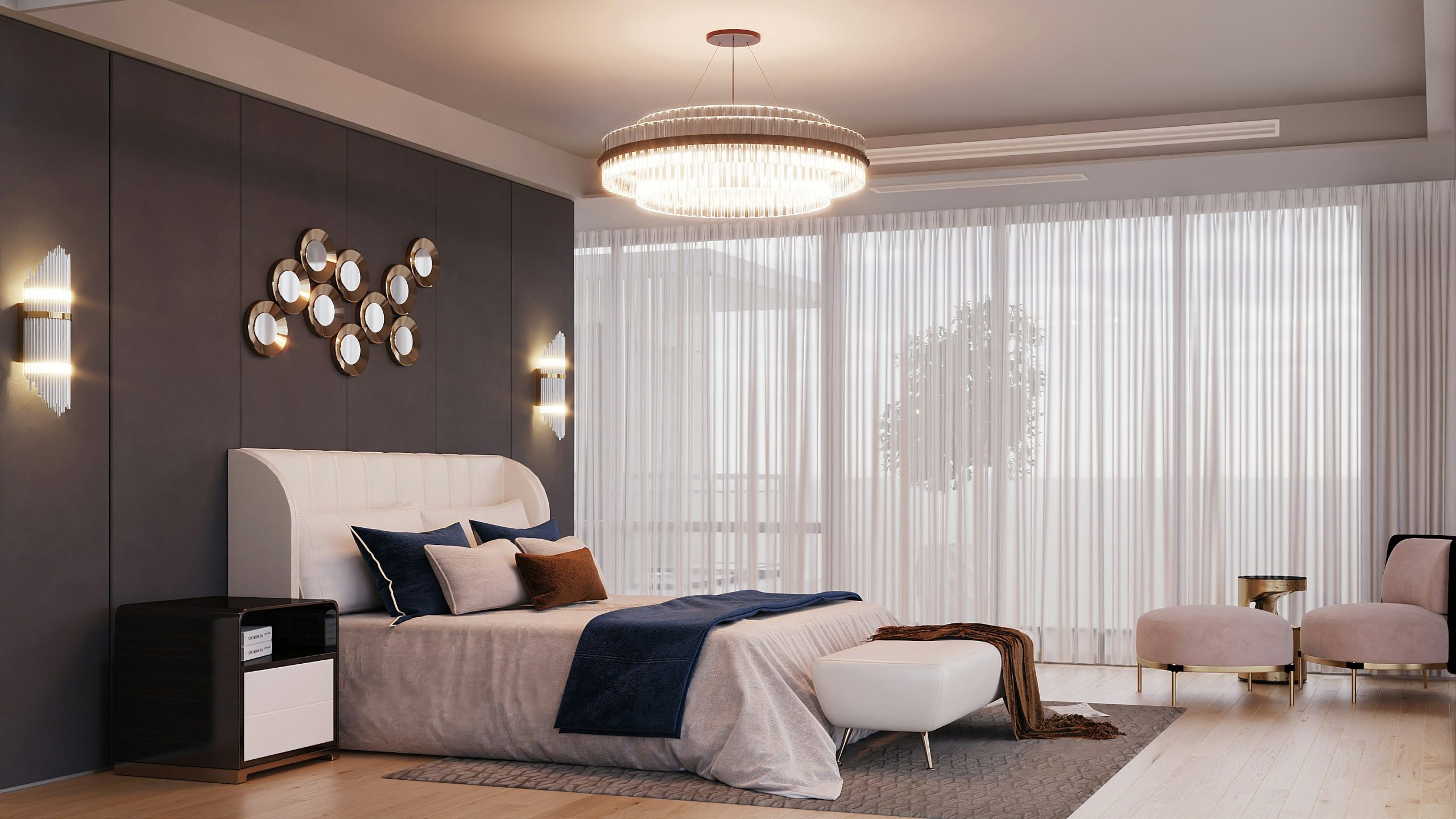 Luxurious and Modern Bedroom with an Ornate Chandelier, a Tufted Headboard, and a Dark Accent Wall with Decorative Mirrors