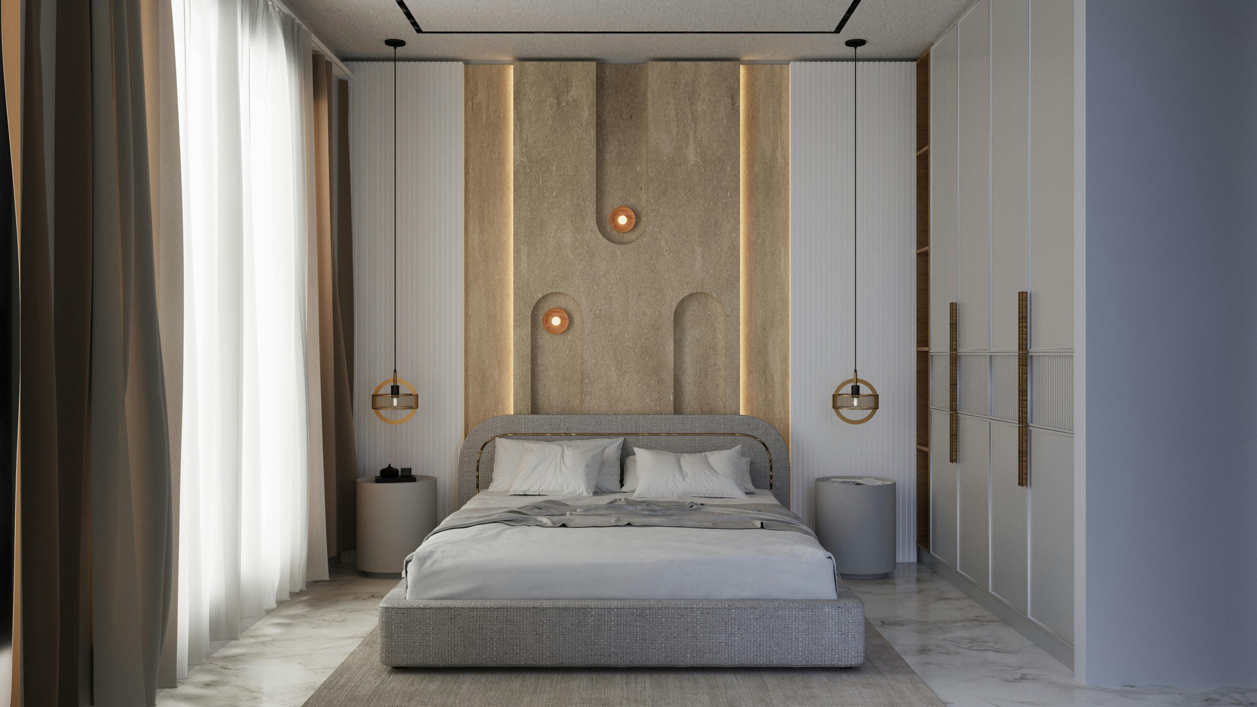 Luxurious modern bedroom interior featuring elegant design and ambient lighting.