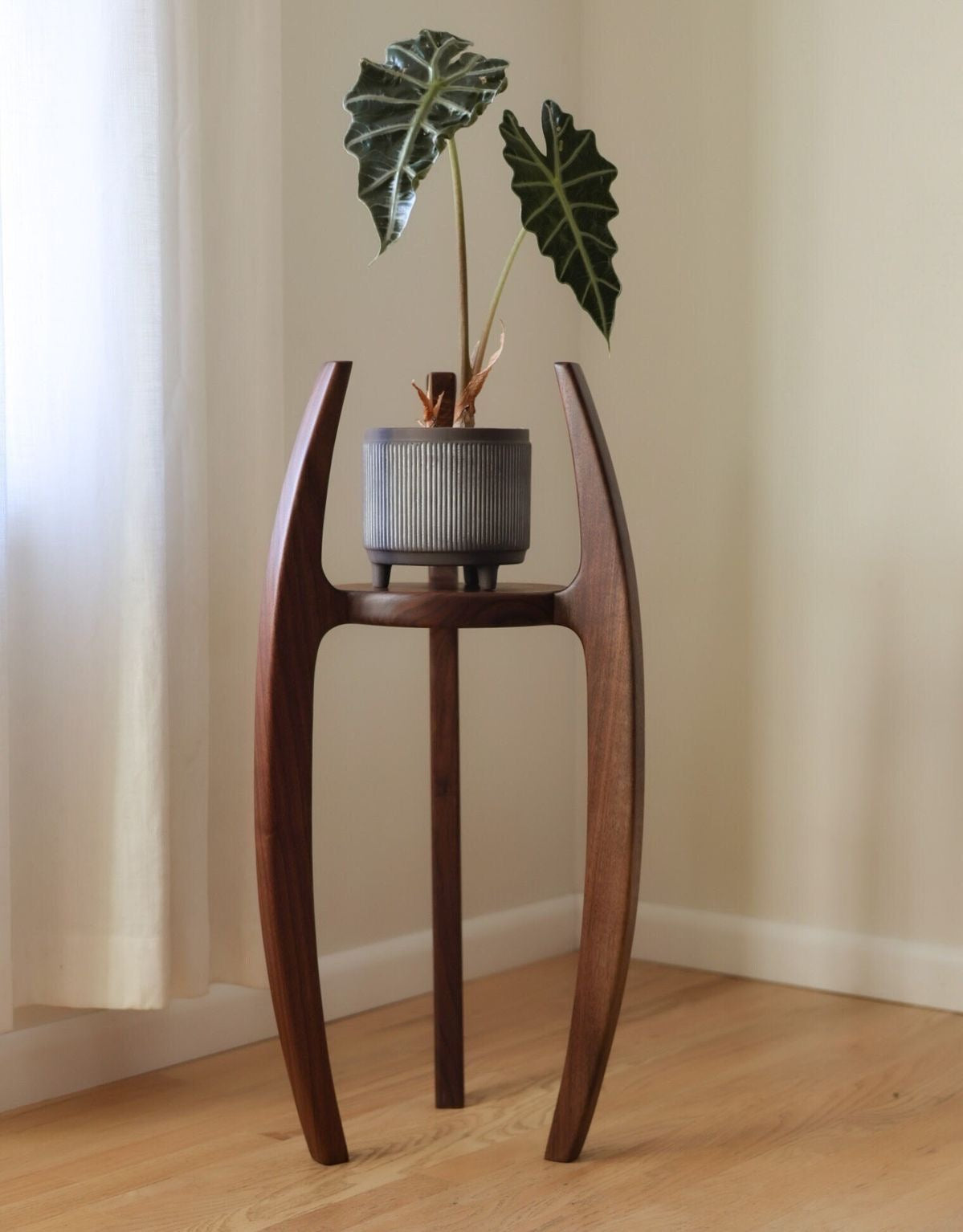 Mid-Century Modern Wooden Plant Stand – Handcrafted Walnut Indoor Planter Holder for Living Room Decor