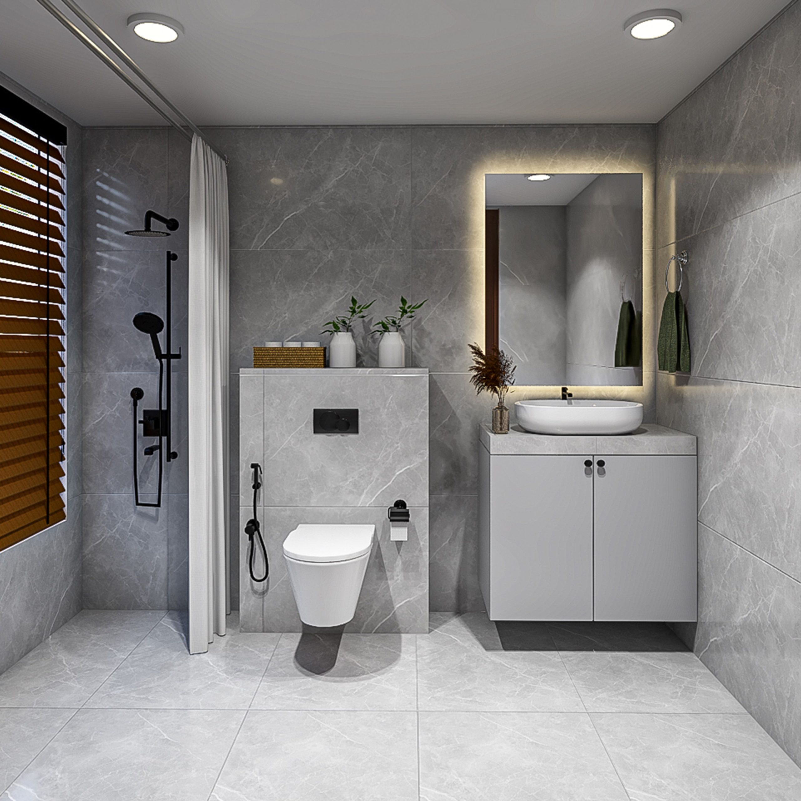 Modern Bathroom Design with Monochromatic Light Grey Marble Tiles and Backlit Mirror | Livspace