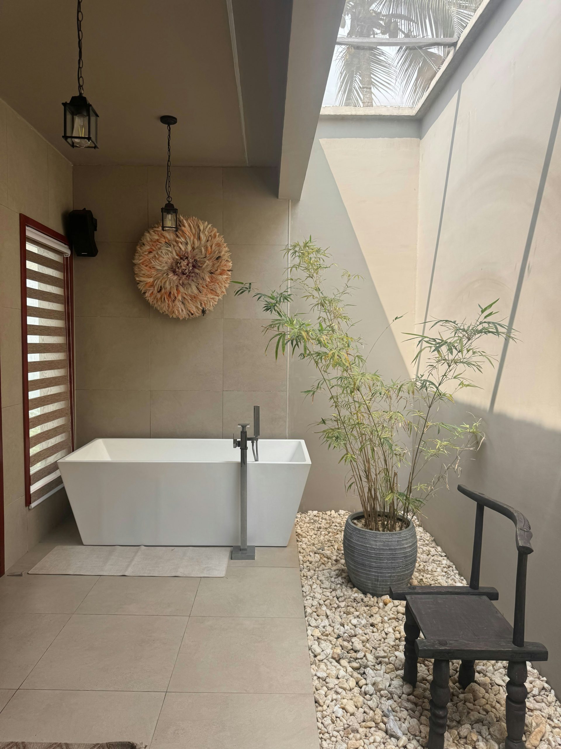 Modern bathroom with bathtub and bamboo plant.