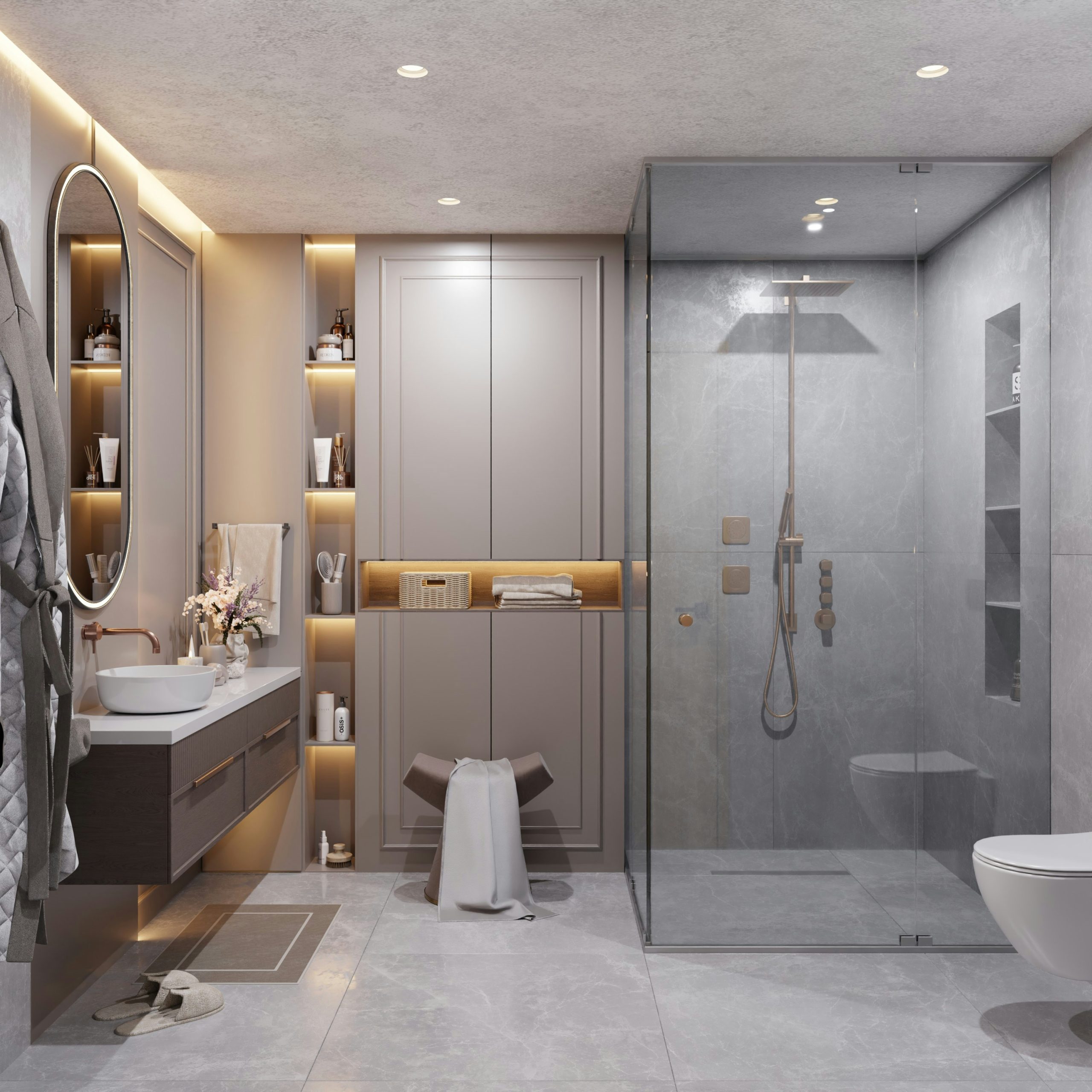 Modern bathroom with glass shower and vanity