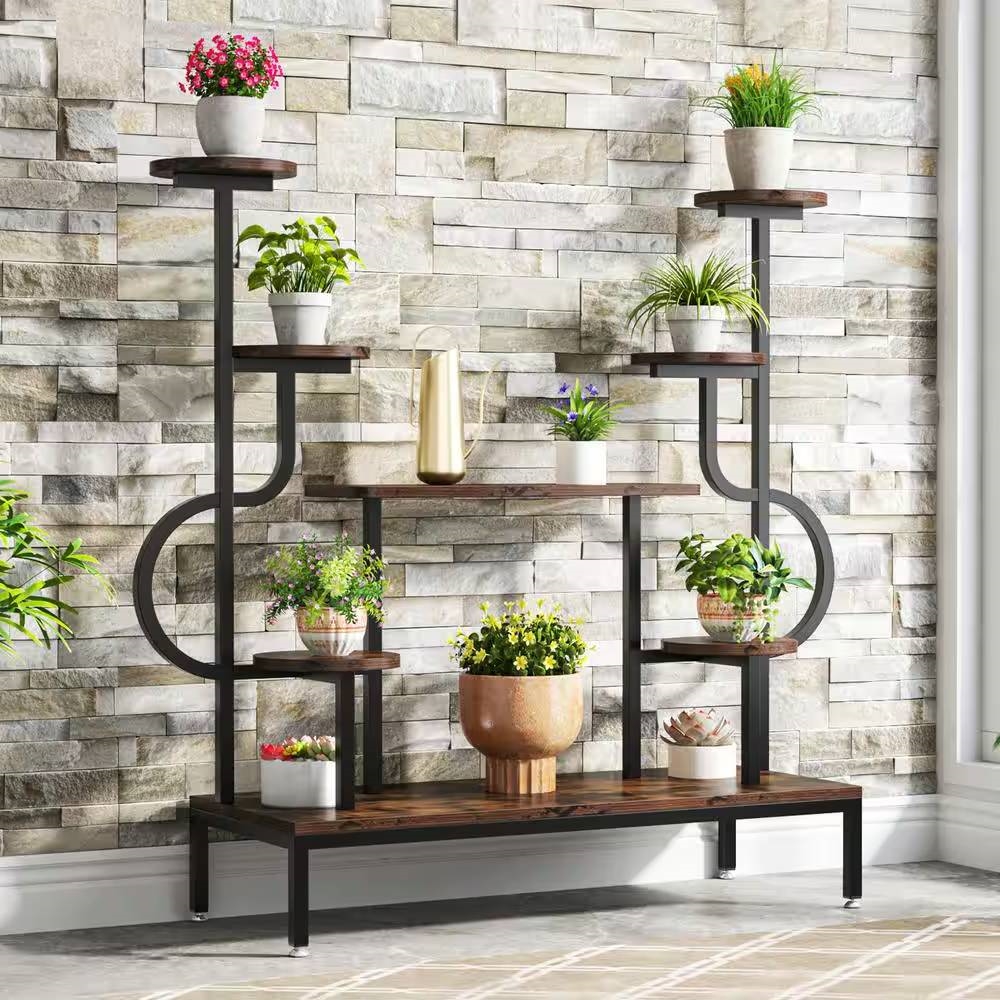 Modern Industrial Metal Wood Stepped Shelf Bookcase Plant Stand Shelving Unit | FastFurnishings.com