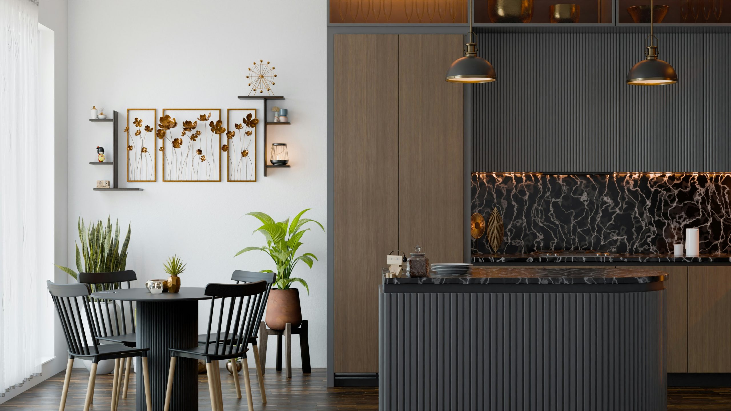 Modern kitchen interior in dark theme cabinates