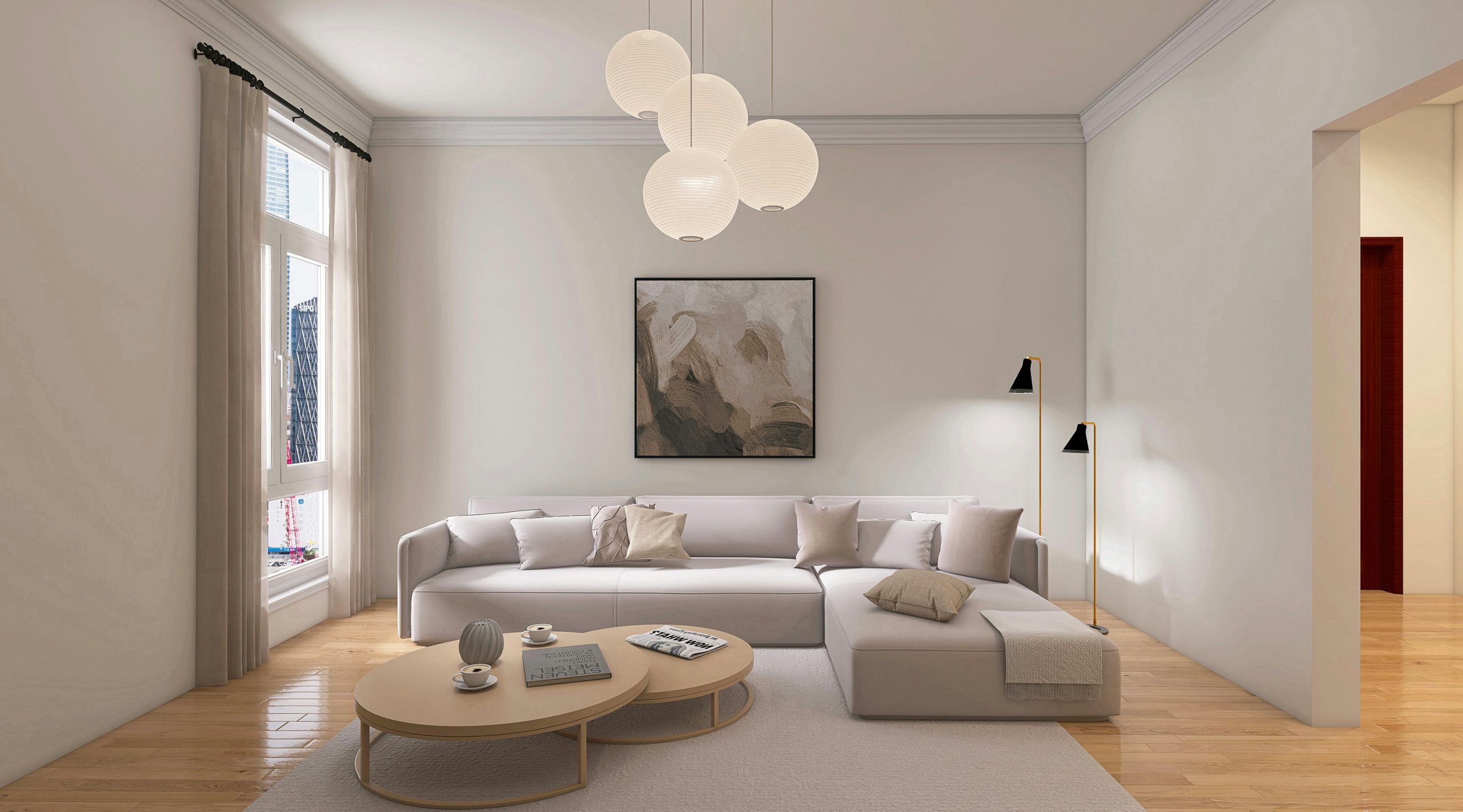 modern living room with big gray sofa and cosy lights