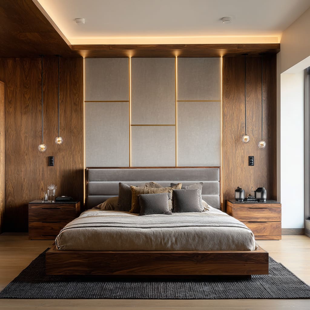 Modern Luxury Master Bedroom with Slat & Grid Feature Wall