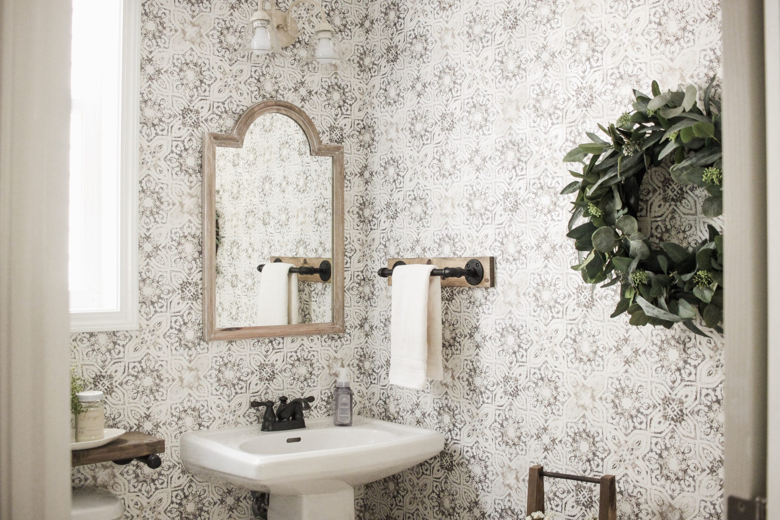 Modern Rustic Farmhouse Bathroom Makeover with Vintage Patina Tile Wallpaper - Rain and Pine