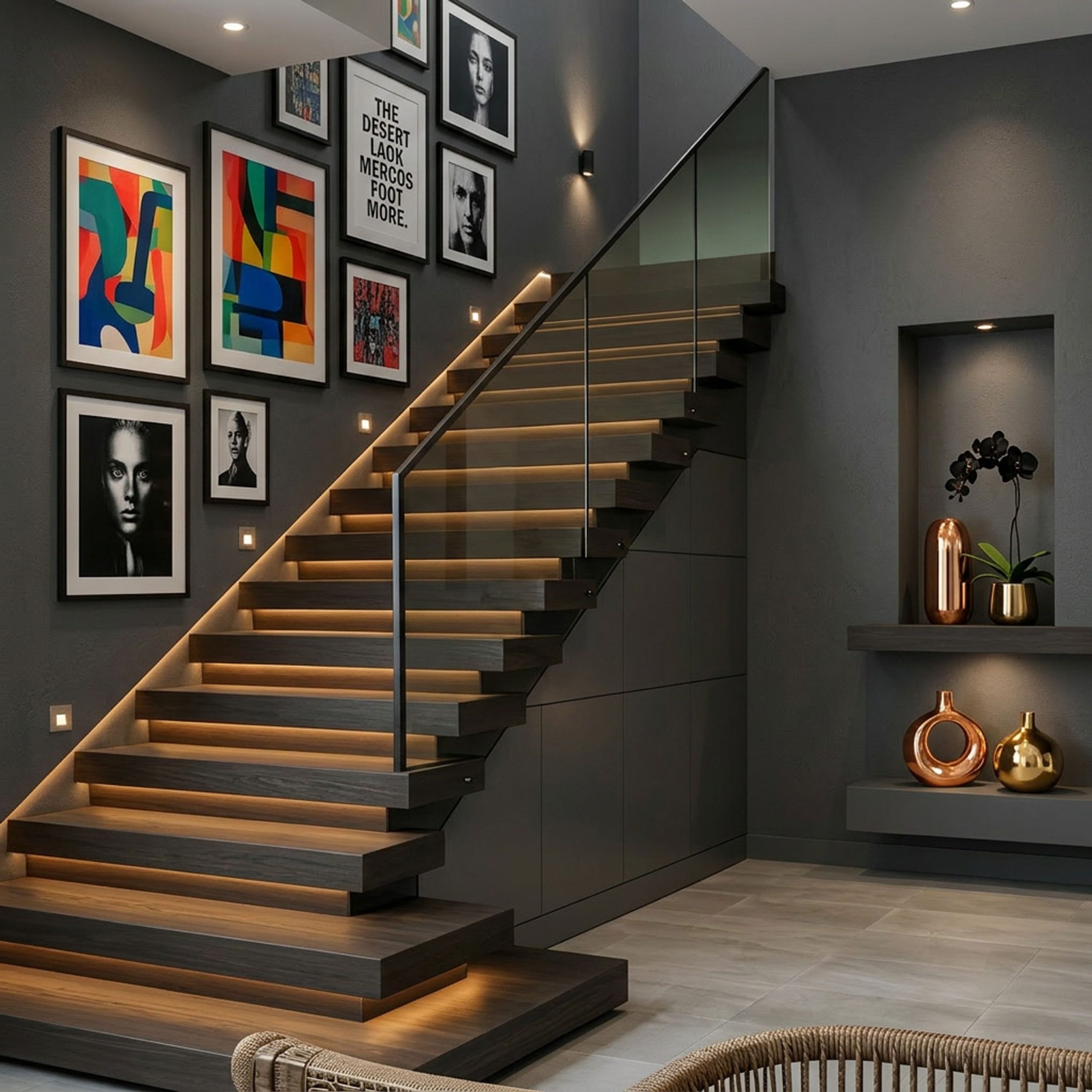 Modern Straight Staircase Design with Sleek Glass Metal and Wooden Steps | Livspace