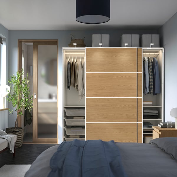 PAX / MEHAMN Wardrobe with sliding doors - white white/double sided oak effect 78 3/4x26x79 1/4 '