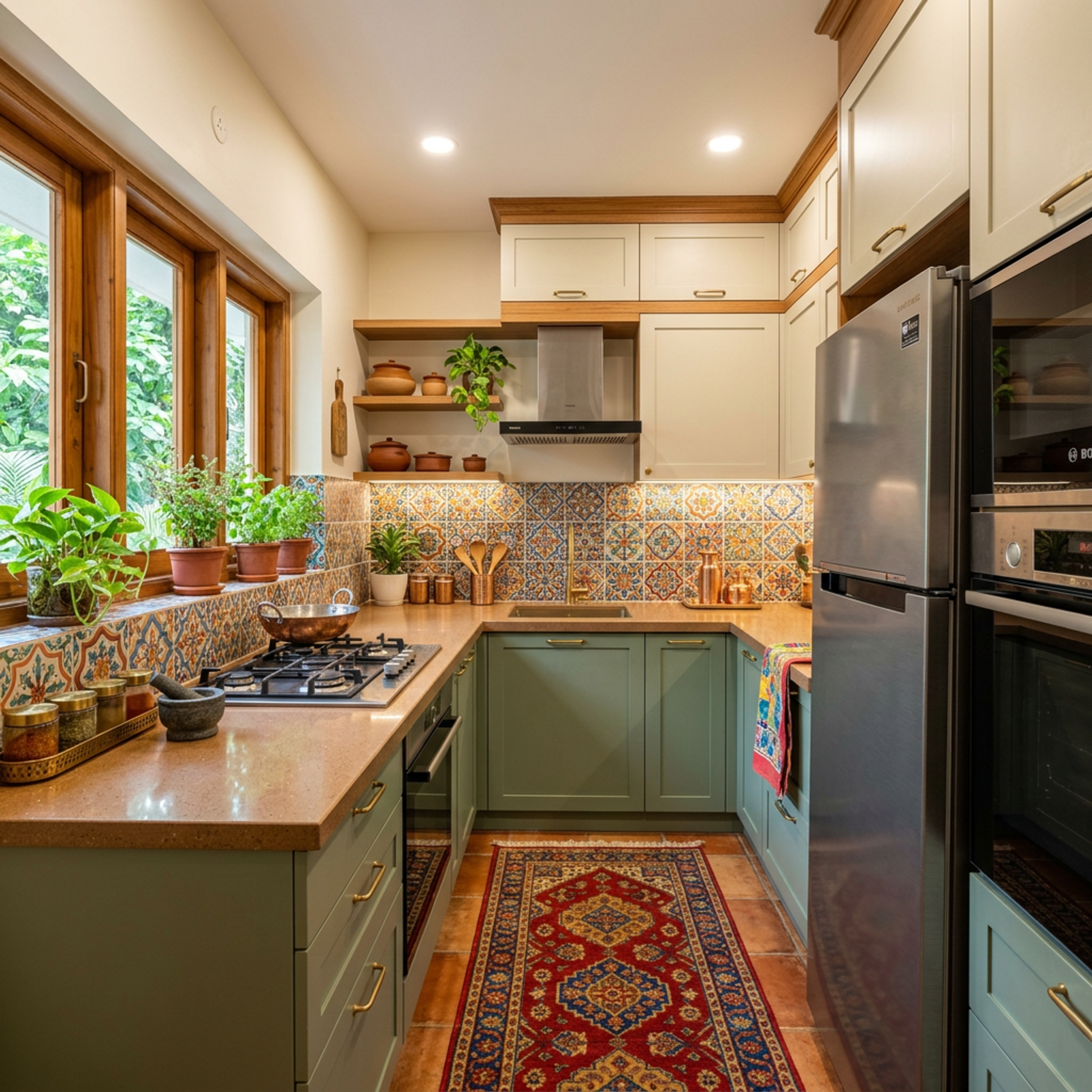 Sage Green and White Classic U-Shaped Kitchen Design with Patterned Tile Backsplash | Livspace