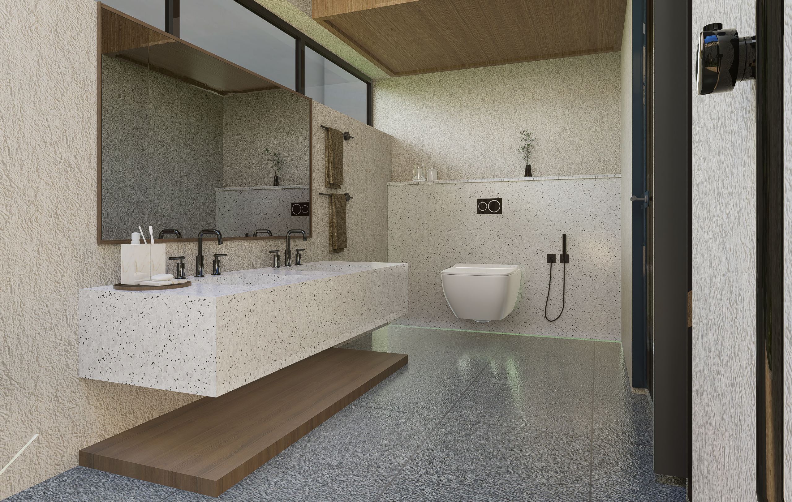 Sleek and modern bathroom featuring minimalist design with floating fixtures and ambient lighting.