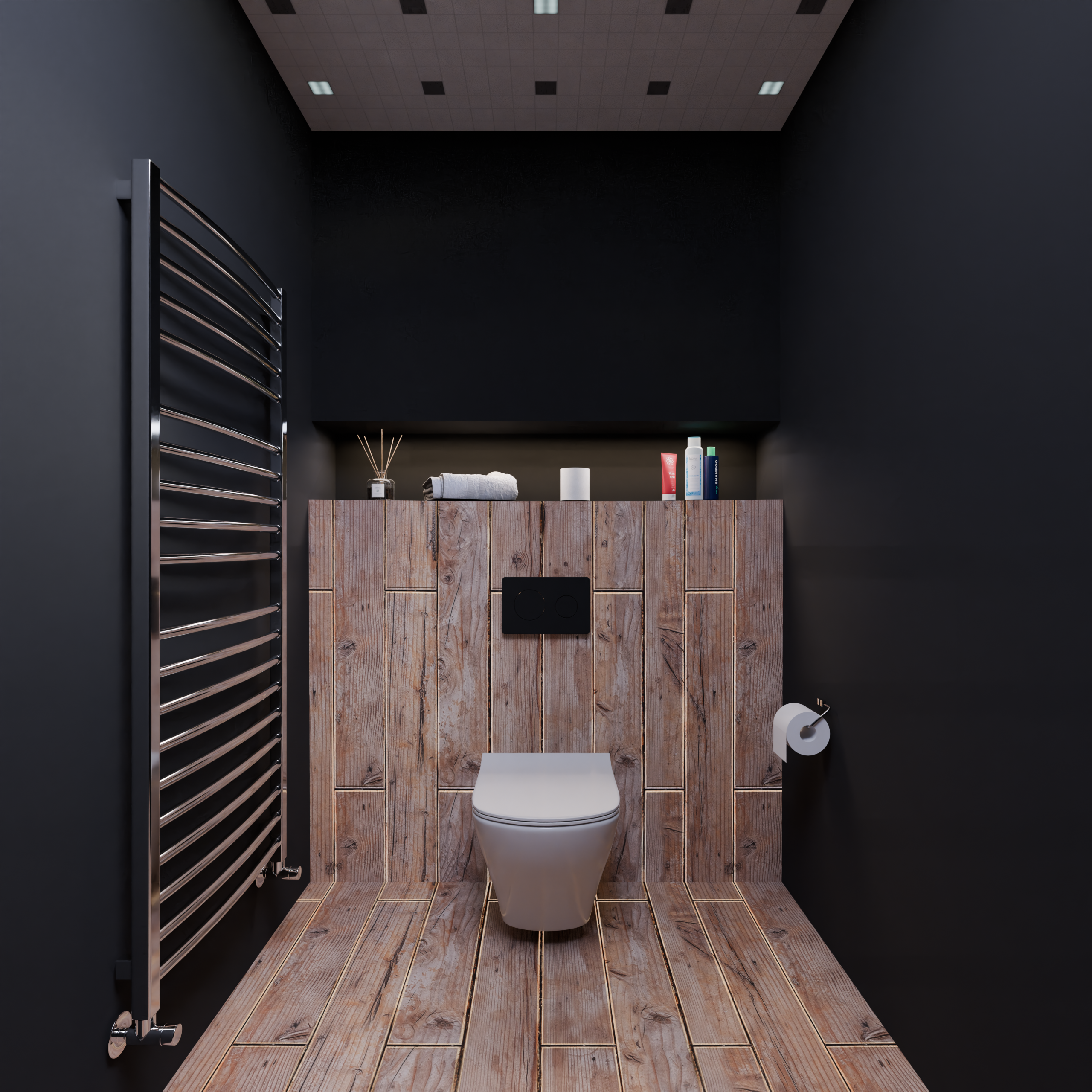 Sleek black bathroom with wooden features and contemporary design elements.