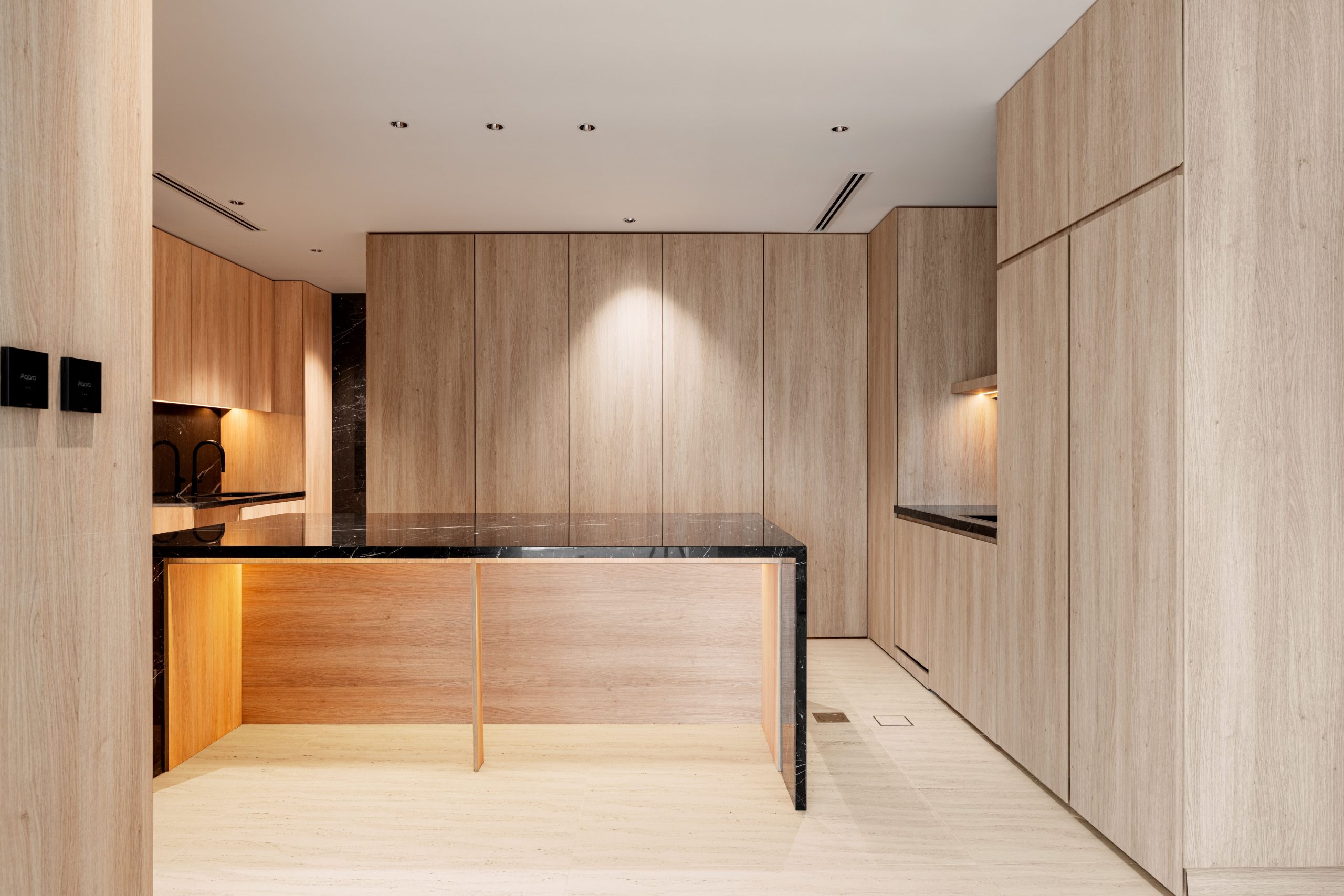 Sleek modern kitchen design featuring wood paneling and black marble countertops.