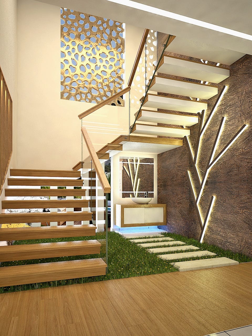 Stunning Modern Staircase & Living Area Interior Design - Kerala Home Planners