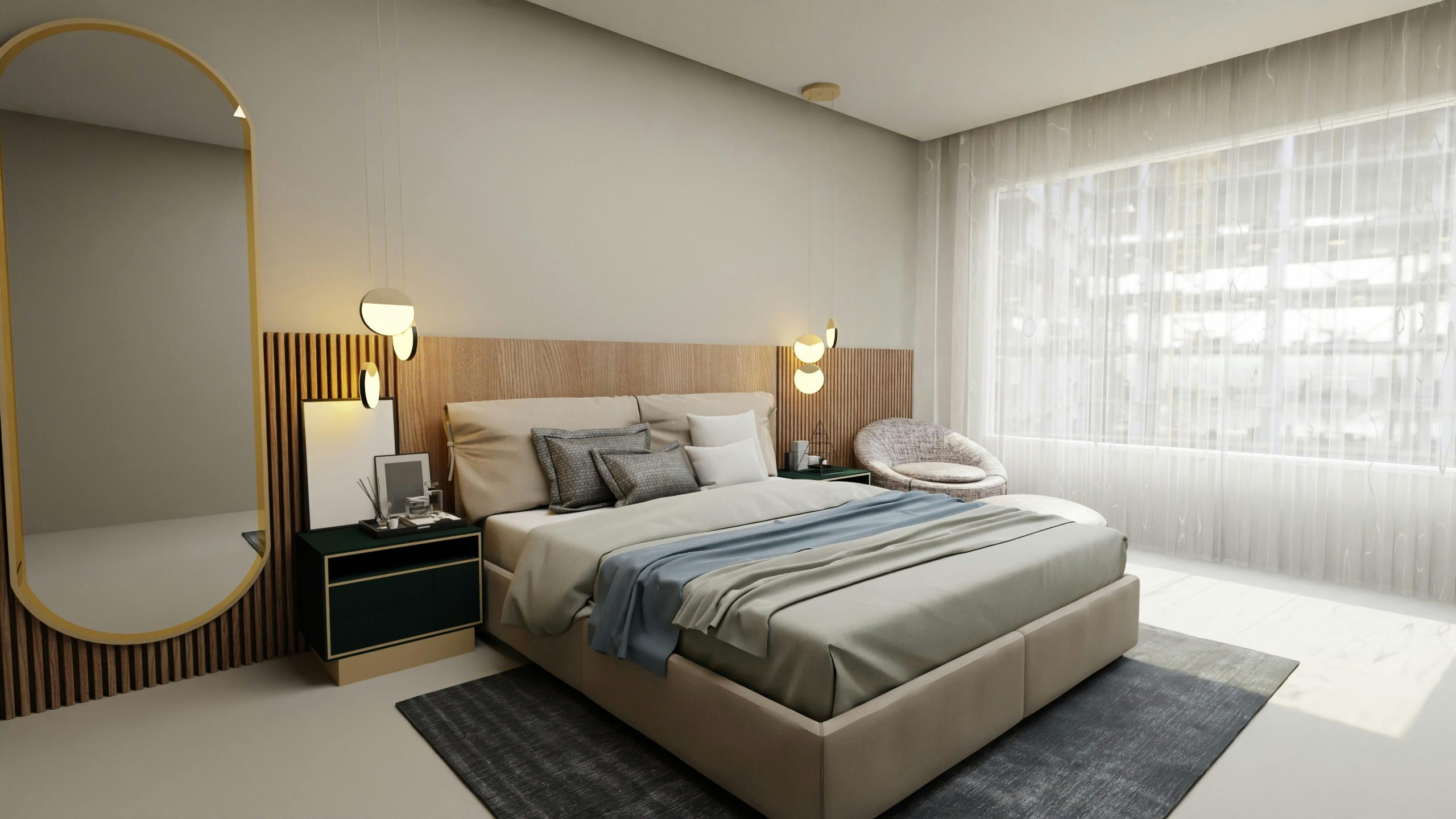Stylish bedroom featuring cozy decor with a minimalist touch, highlighted by large windows and sleek furniture.