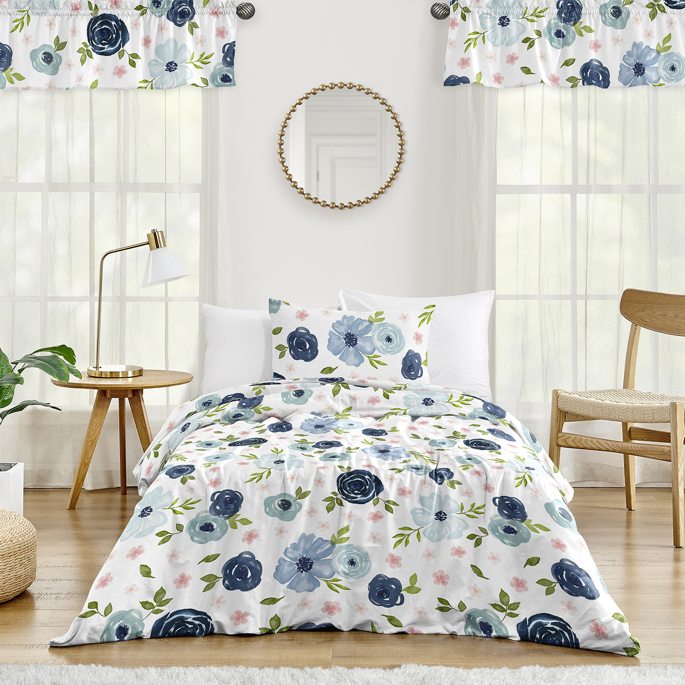 Sweet Jojo Designs Girl Twin Comforter Bedding Set Watercolor Floral Blue Pink and White 2pc