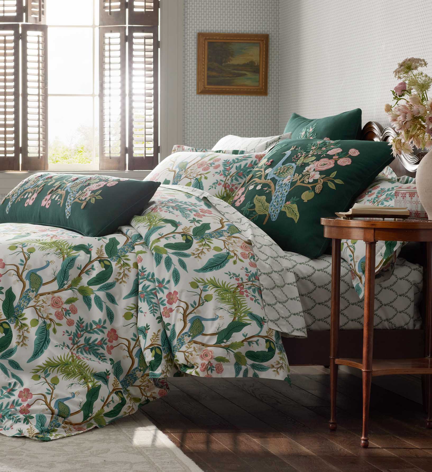The Company Store Sateen Duvet Cover Peacock White, Size Full by Rifle Paper Co