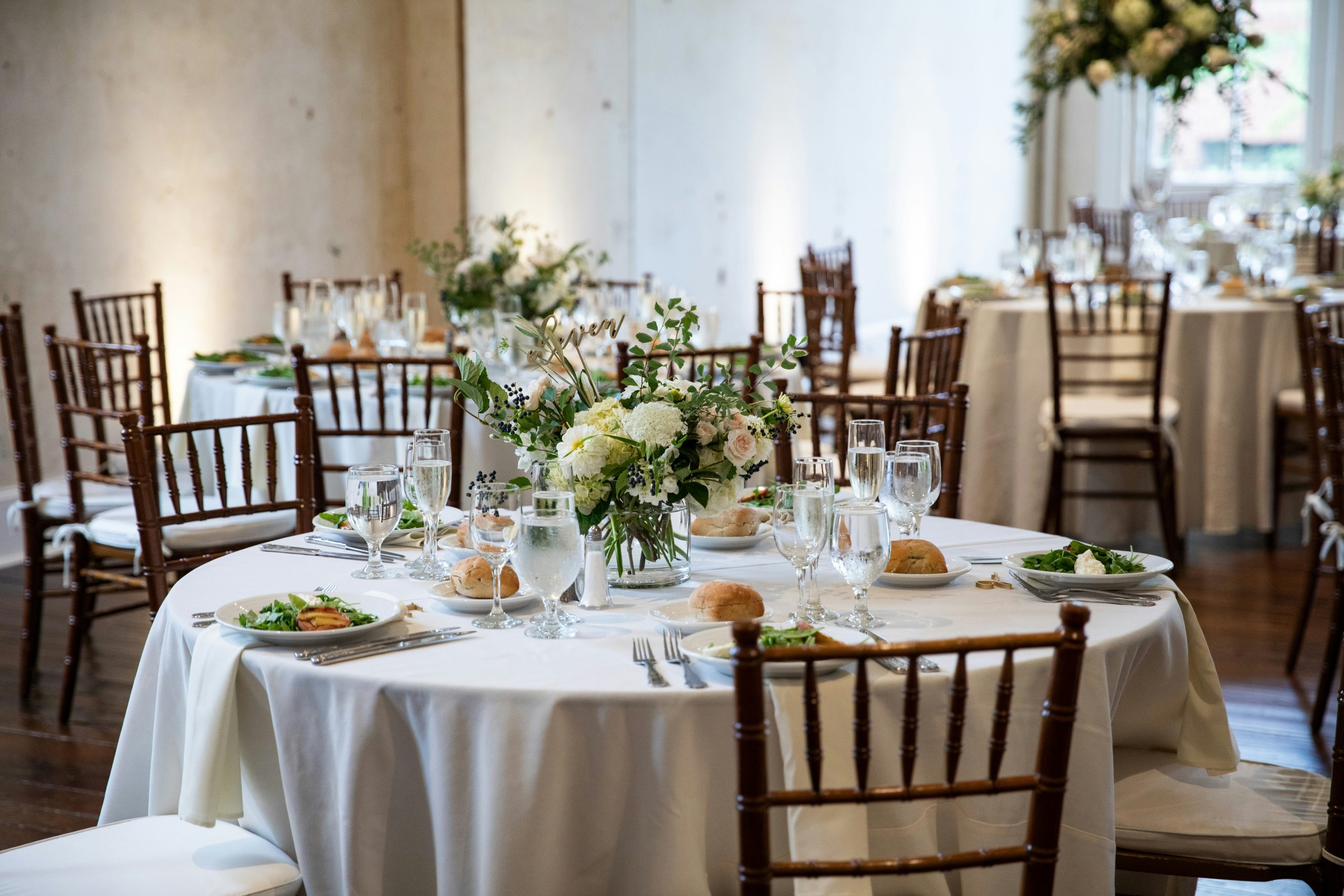 White and green wedding reception decor