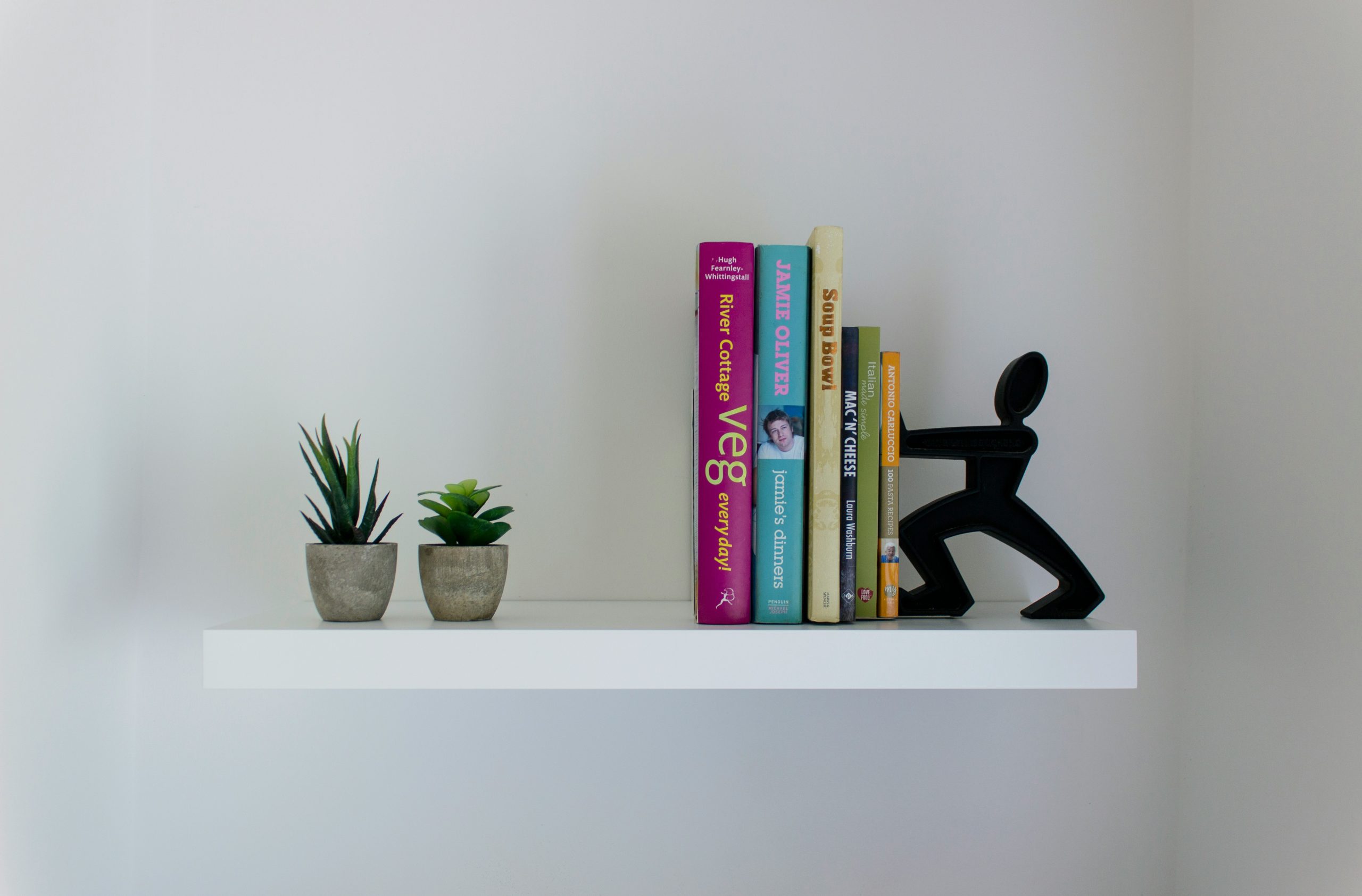 White book shelf and succulents 