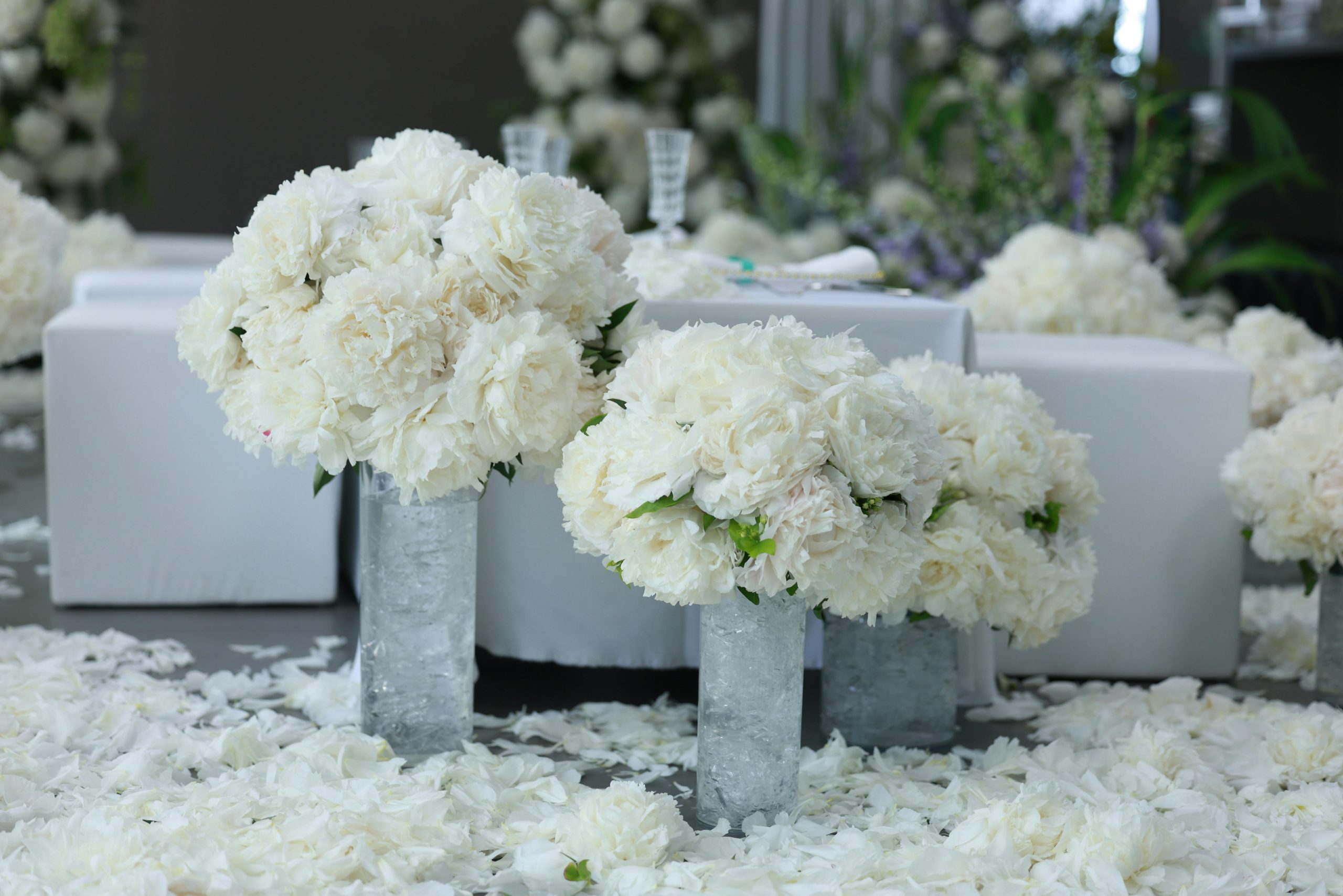 White floral arrangements adorn a wedding venue, creating an elegant and sophisticated atmosphere.